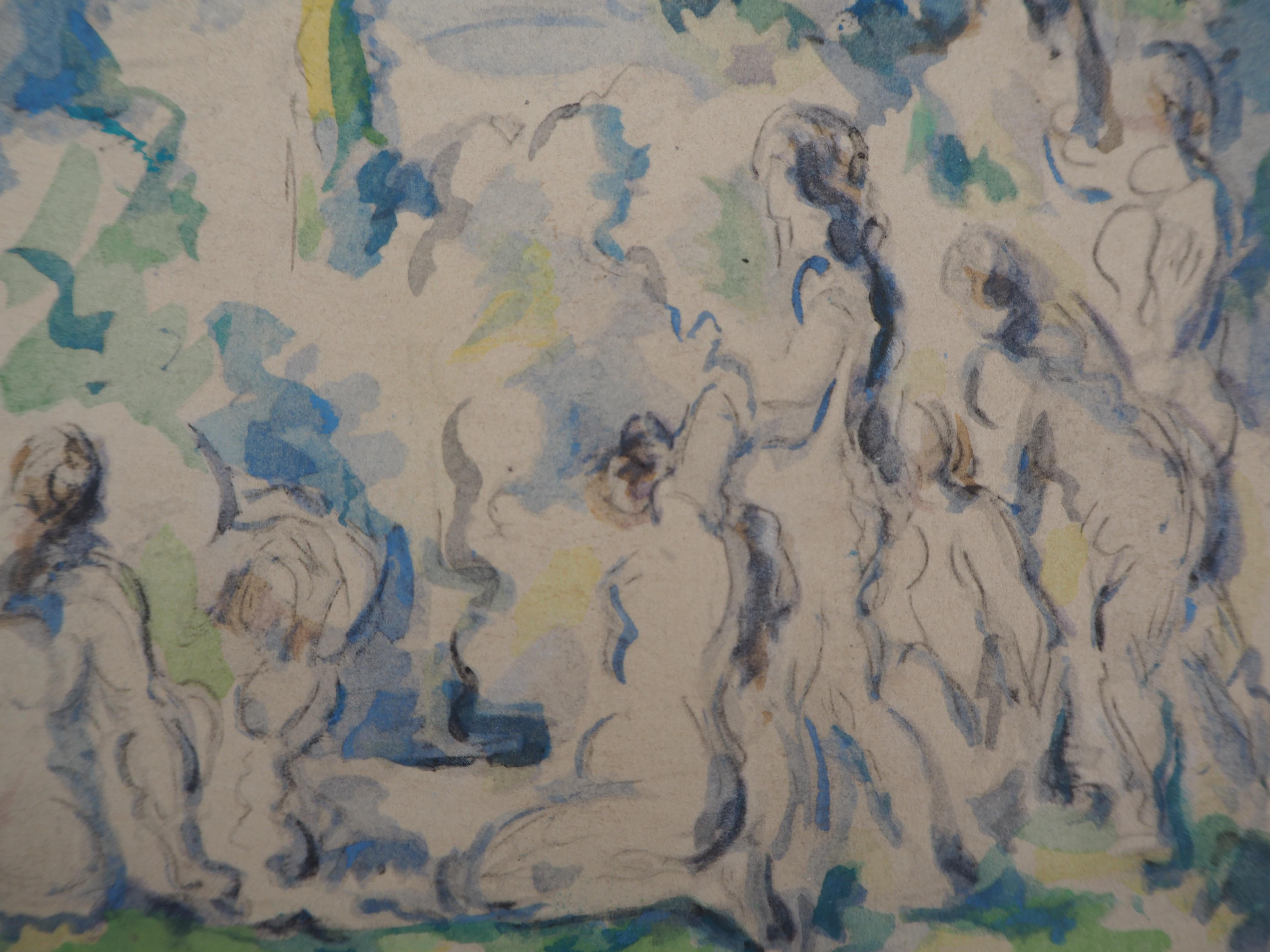 Eight Nude Bathers in a Landscape - Lithograph and Stencil Watercolor, 1947 - Impressionist Print by After Paul Cezanne
