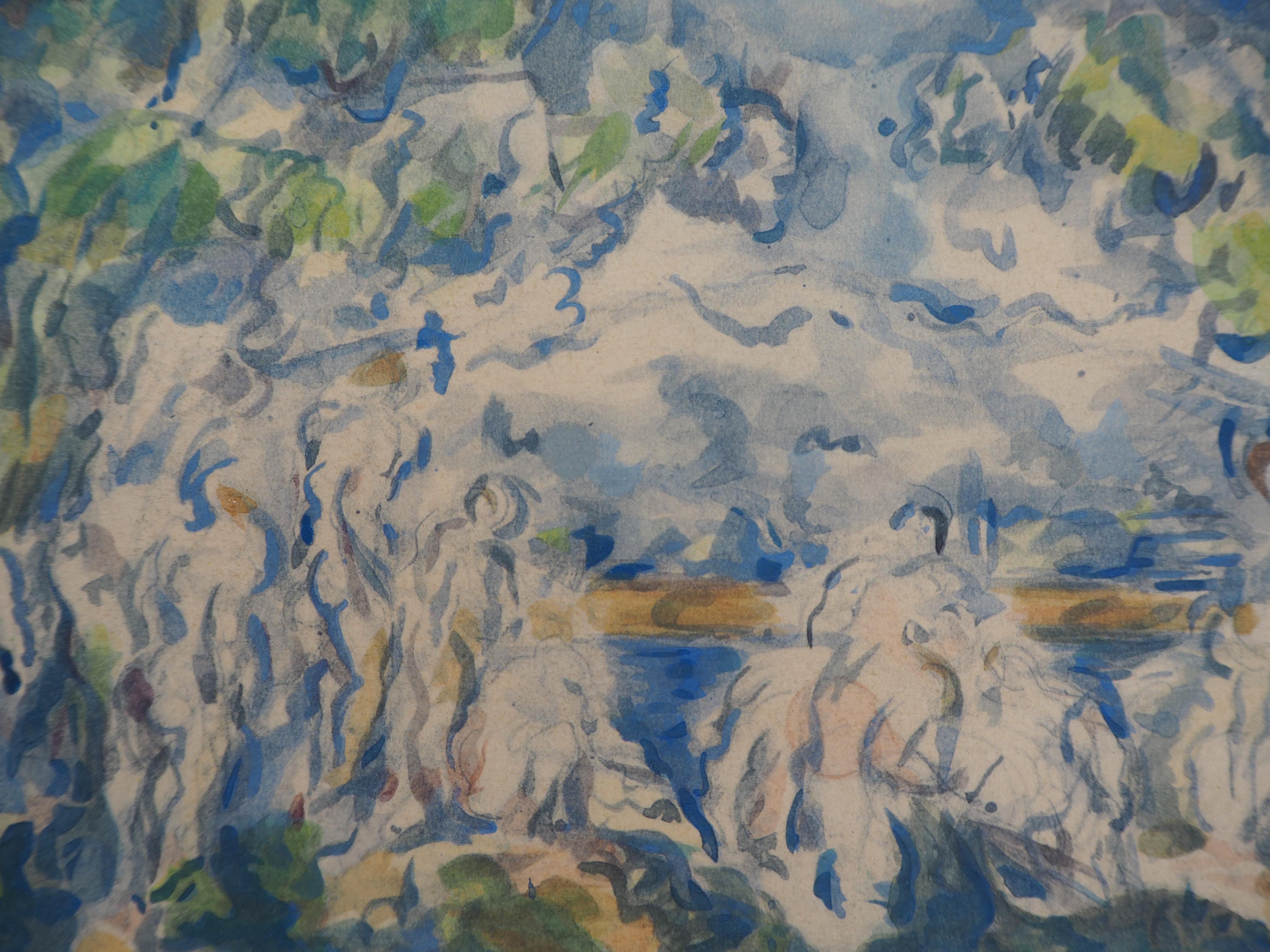Gruppe von Badenden in der Nähe des Sees – Lithographie und Stencil-Aquarell, 1947 (Grau), Landscape Print, von After Paul Cezanne