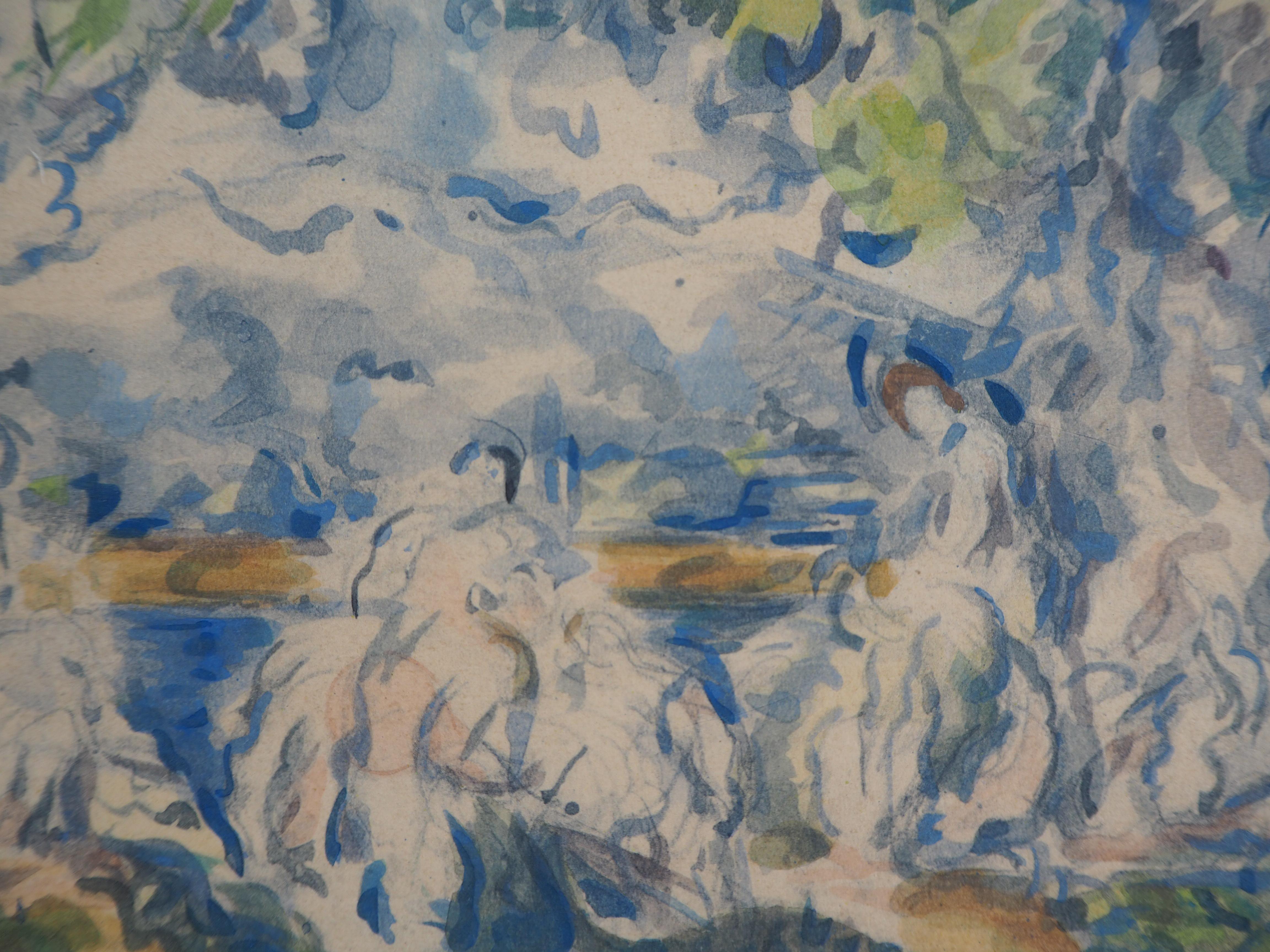 Group of Bathers near the Lake - Lithograph and Stencil Watercolor, 1947 - Impressionist Print by After Paul Cezanne