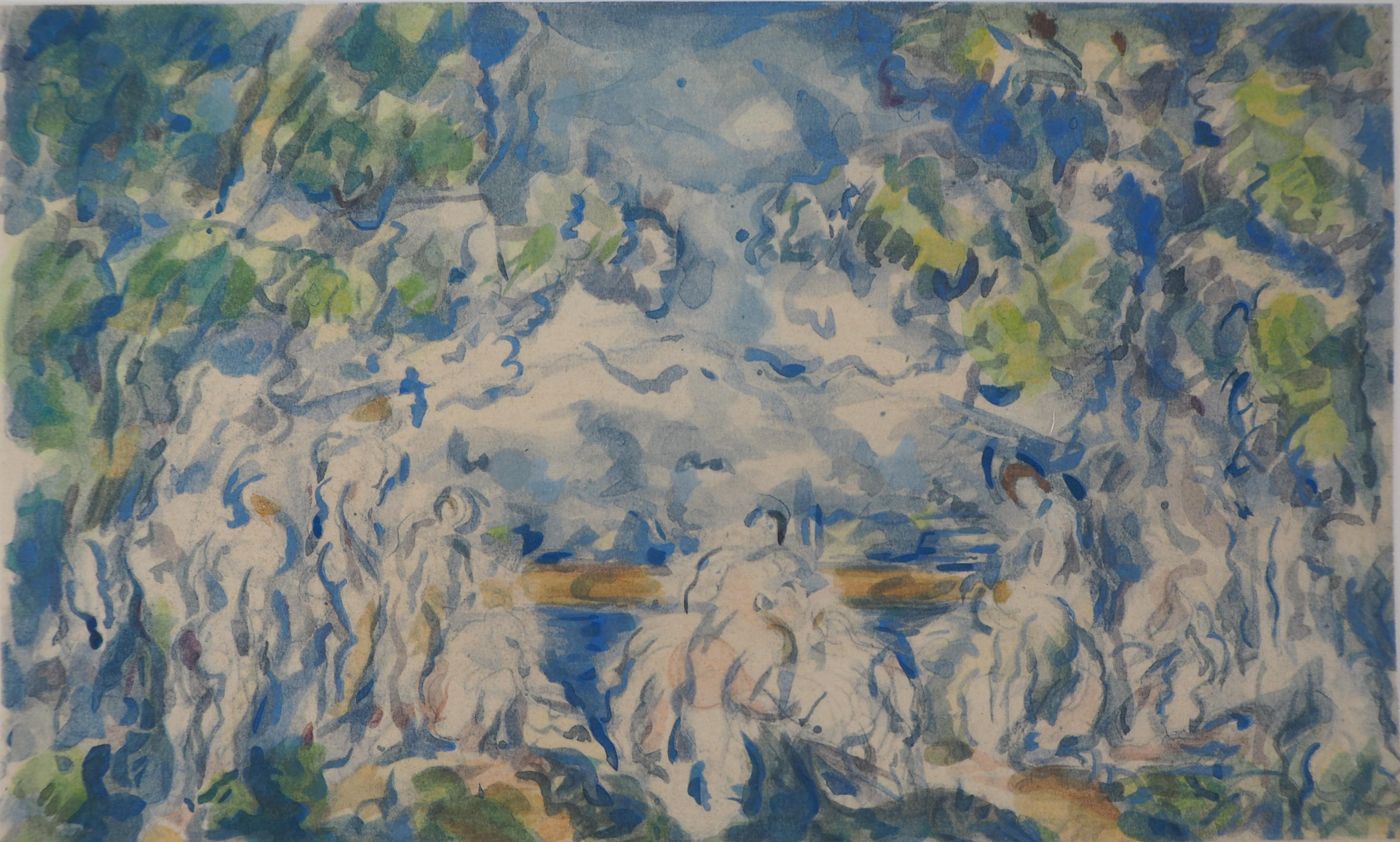 After Paul Cezanne Landscape Print – Gruppe von Badenden in der Nähe des Sees – Lithographie und Stencil-Aquarell, 1947