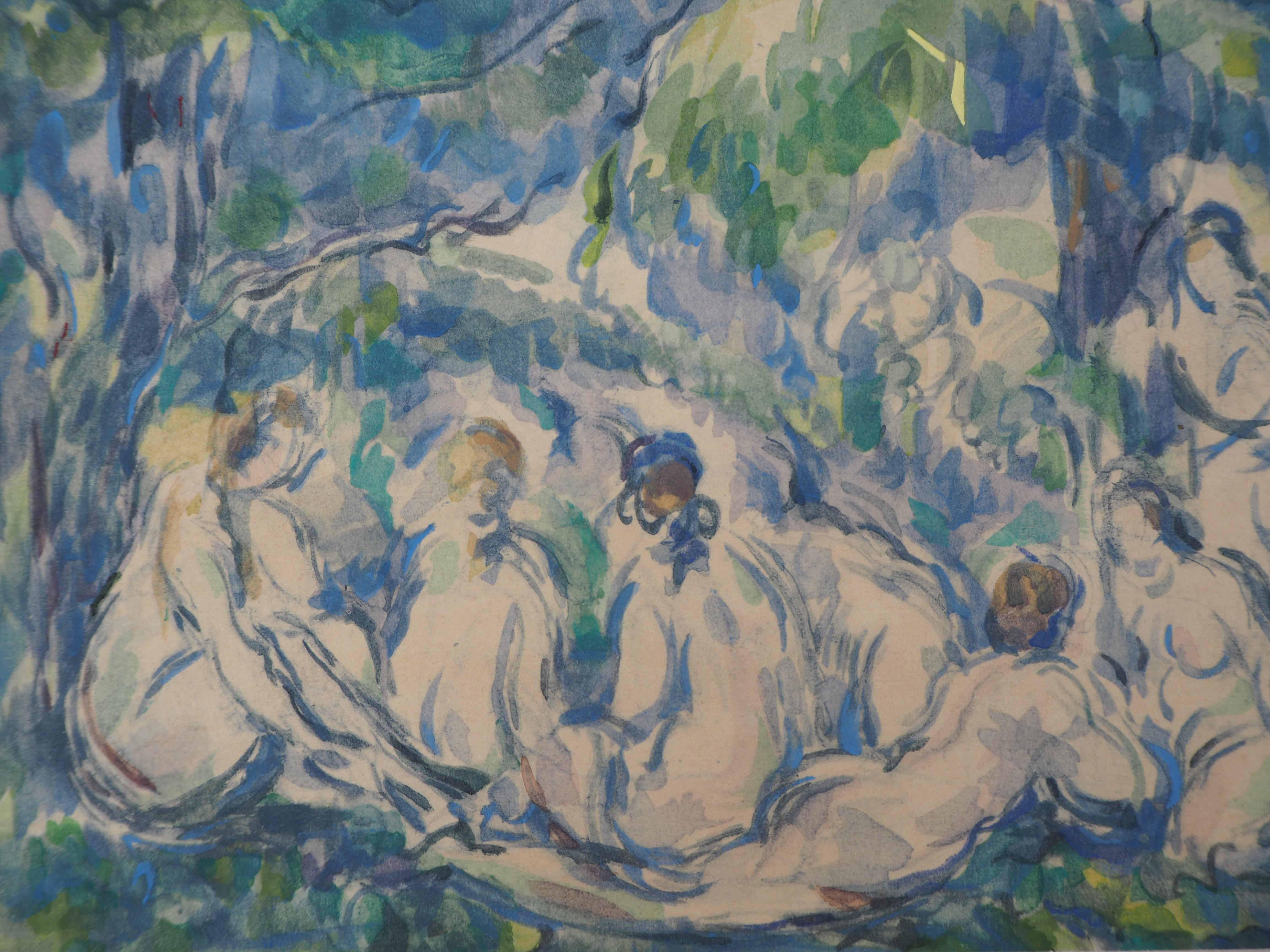 Group of Bathers Resting in a Forest - Lithograph and Stencil Watercolor, 1947 - Impressionist Print by After Paul Cezanne