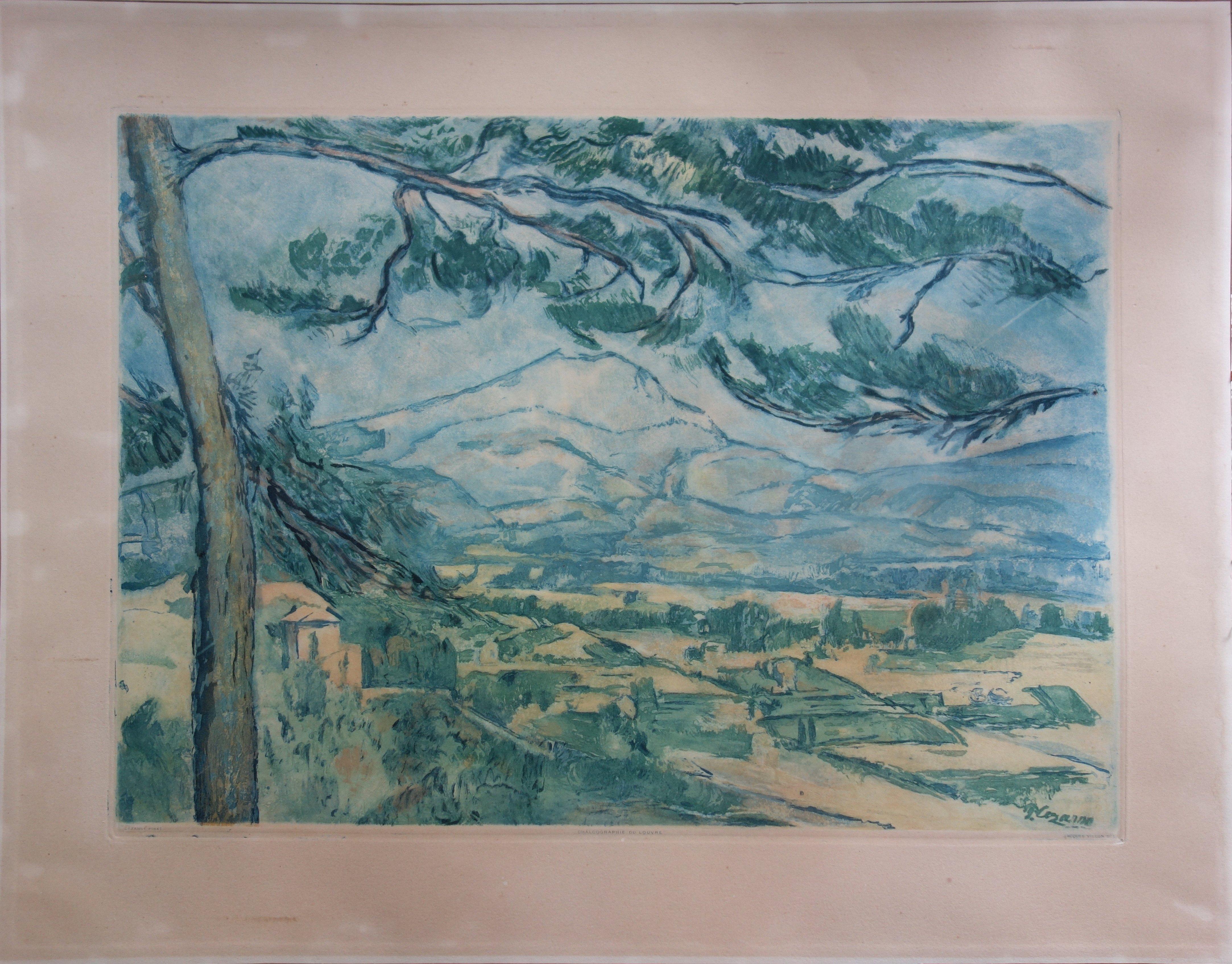 Provence : Sainte Victoire Mountain - Etching and aquatint engraved by J. Villon - Impressionist Print by After Paul Cezanne