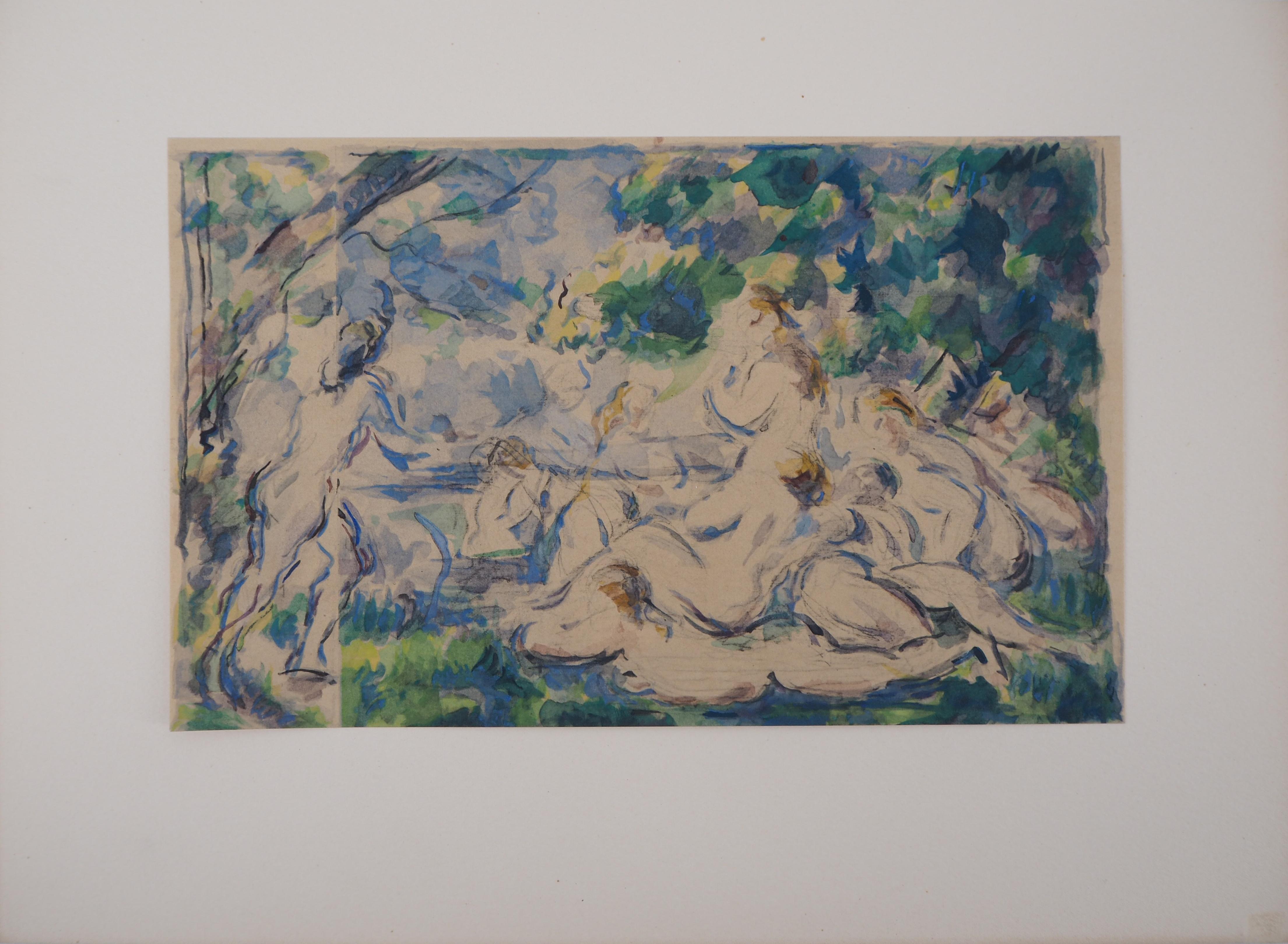 Reclining Bathers - Lithograph and Stencil Watercolor, 1947 - Print by After Paul Cezanne