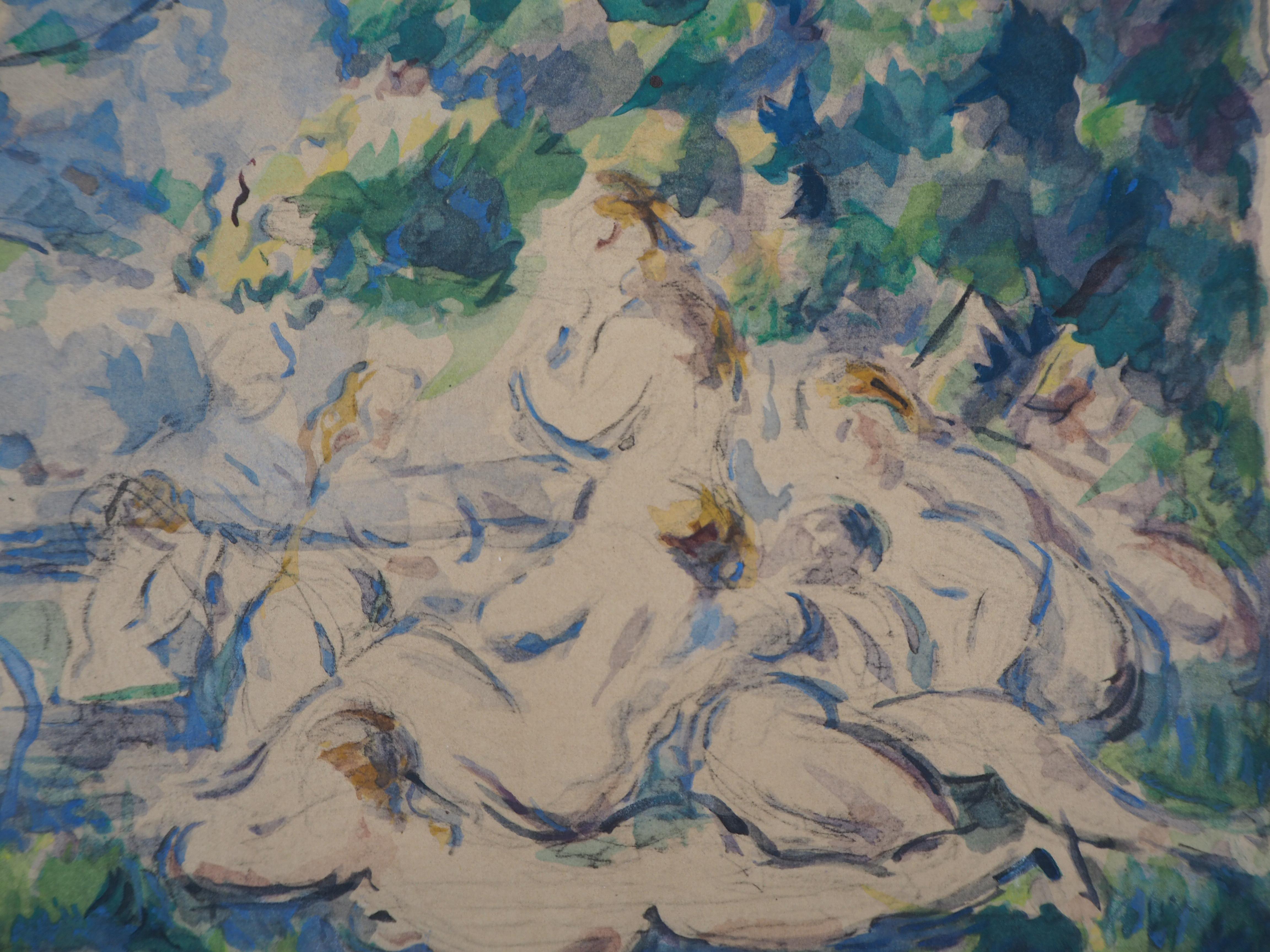 Reclining Bathers - Lithograph and Stencil Watercolor, 1947 - Impressionist Print by After Paul Cezanne