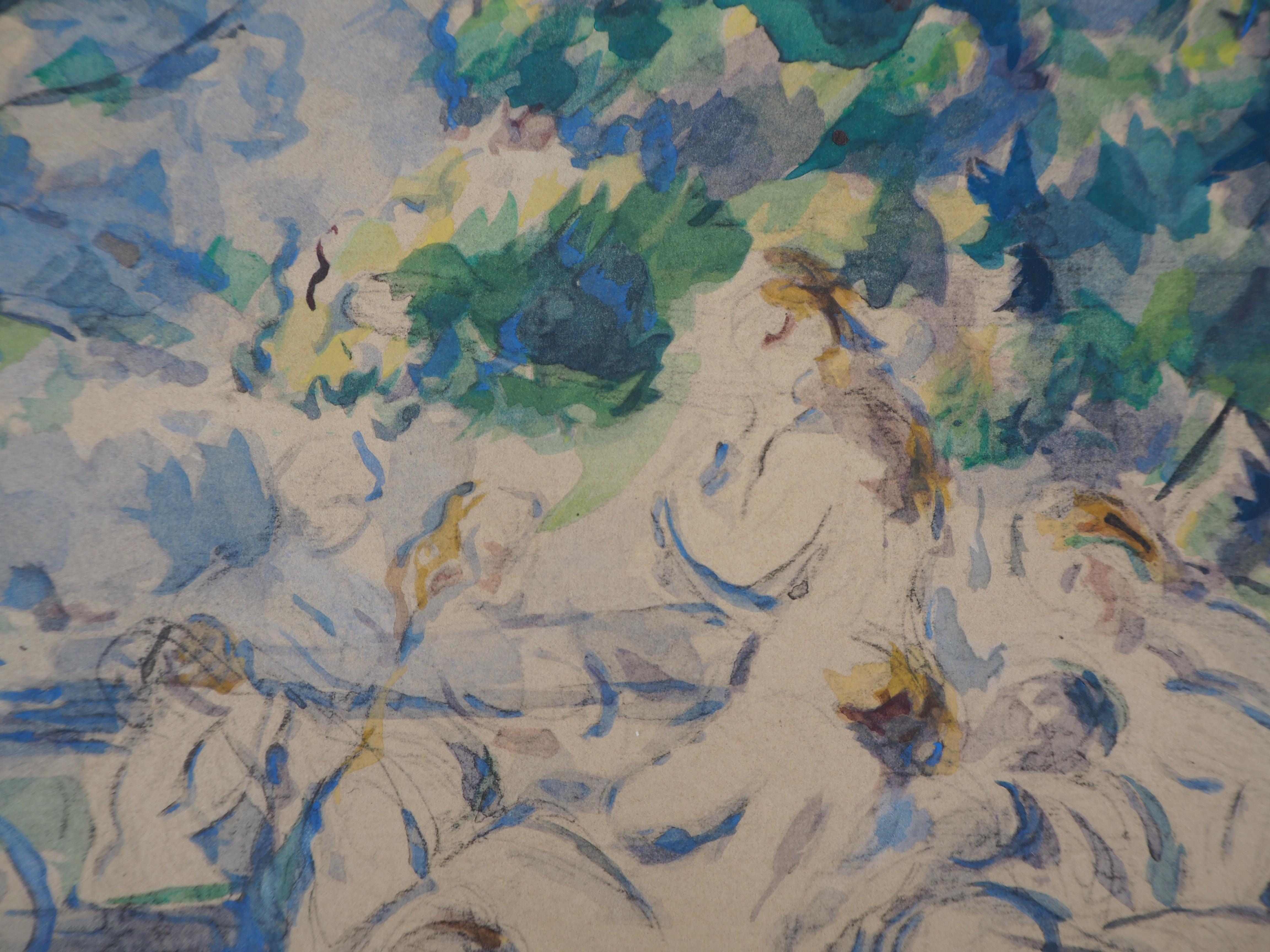 Reclining Bathers - Lithograph and Stencil Watercolor, 1947 - Gray Figurative Print by After Paul Cezanne