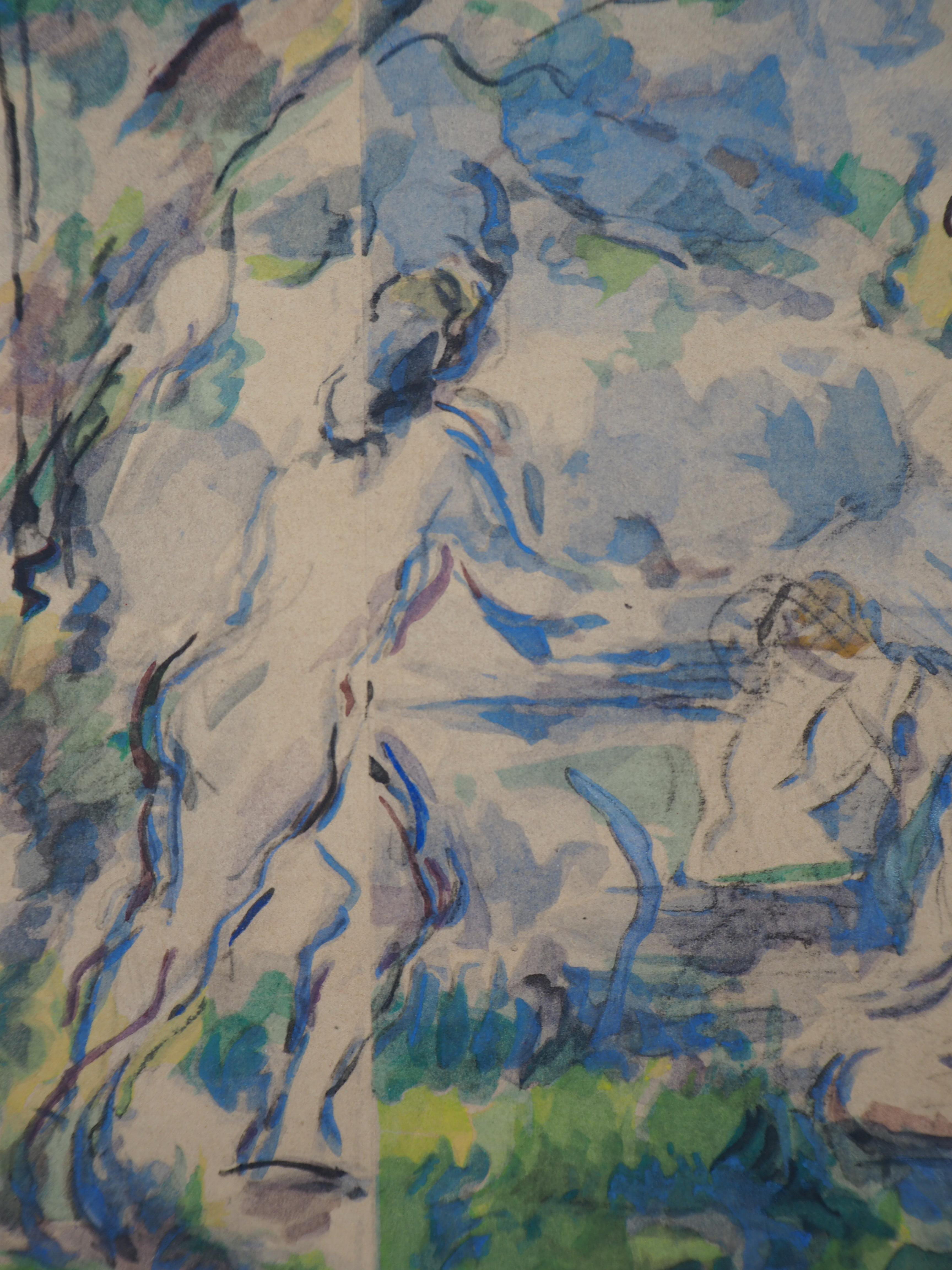 Paul CEZANNE (after)
Reclining Bathers

Lithograph and Stencil watercolor (printed in Jacomet workshop)
After a watercolor painted c. 1900/06
On heavy paper 17 x 27.5 cm (c. 7 x 11vinch)
Mounted on vellum paper 38 x 28 cm (c. 15 x 11