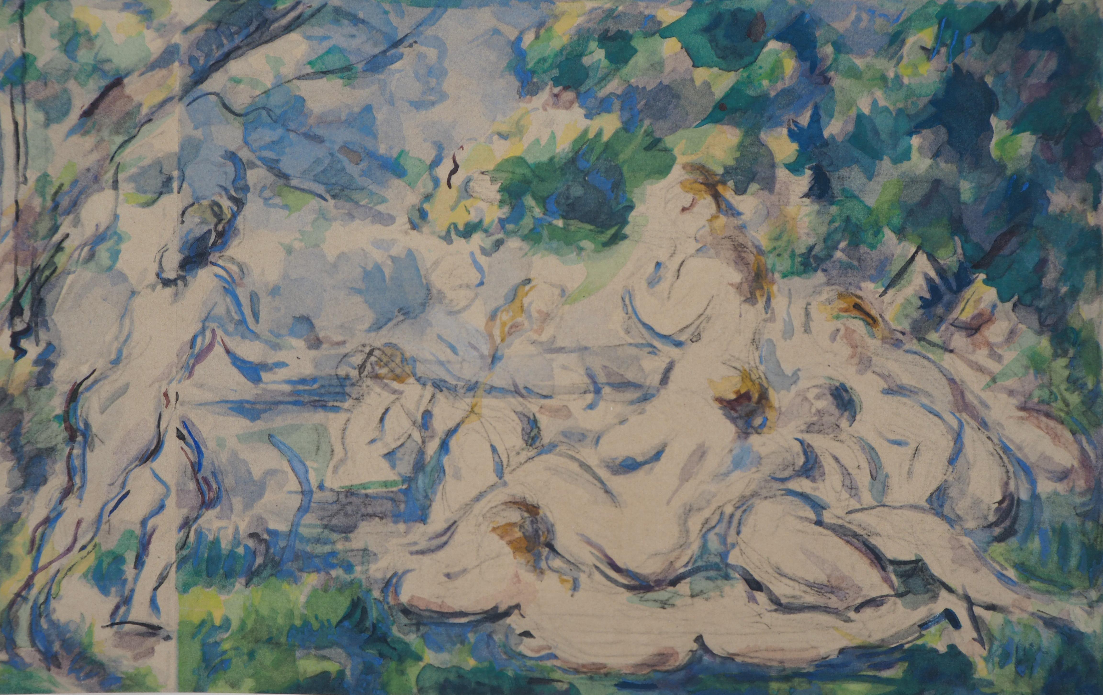 After Paul Cezanne Figurative Print - Reclining Bathers - Lithograph and Stencil Watercolor, 1947