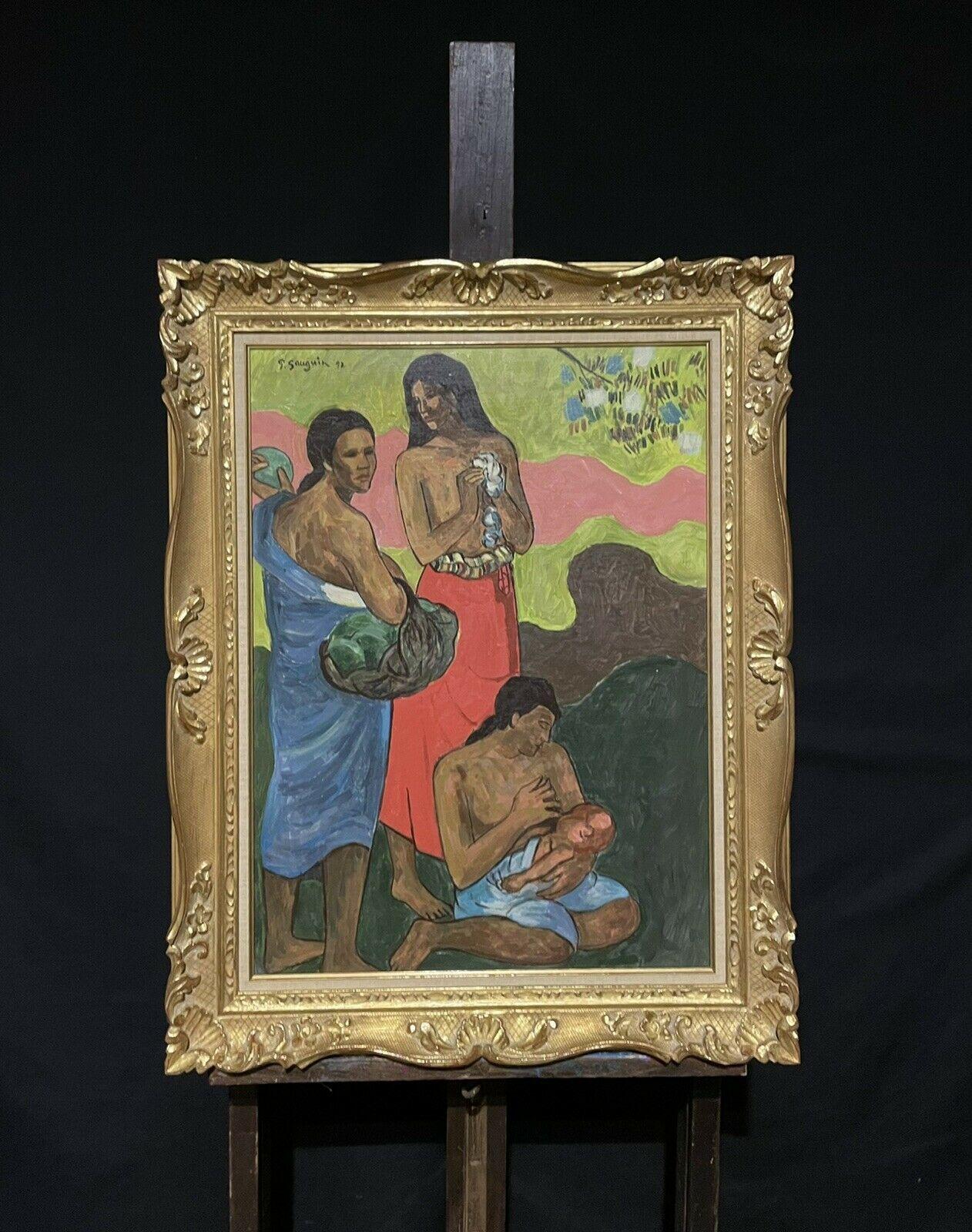 Signed French Oil Tahitian Women with Babies Large Oil after Gauguin - Painting by after Paul Gauguin 
