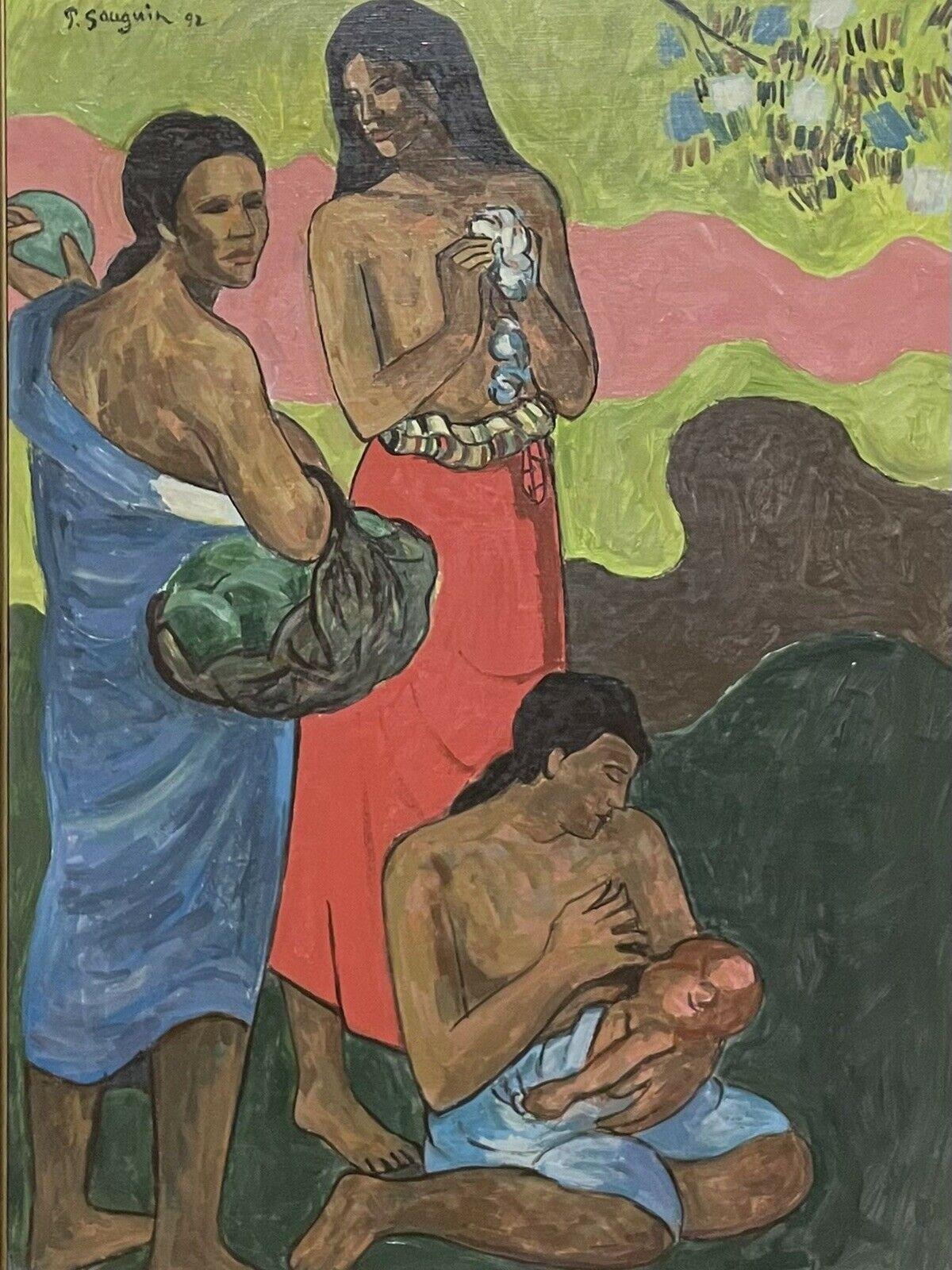 after Paul Gauguin  Figurative Painting - Signed French Oil Tahitian Women with Babies Large Oil after Gauguin