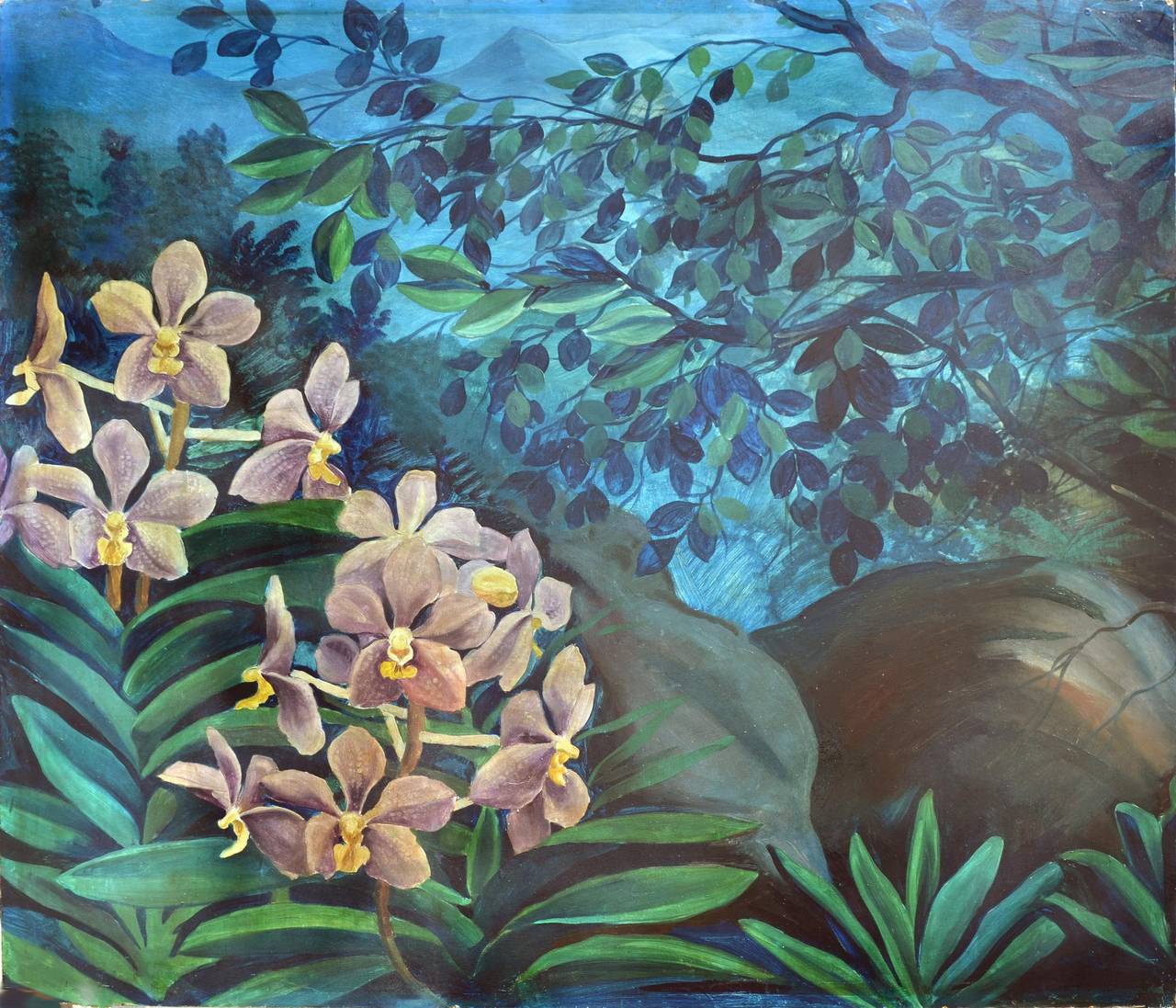 Tropischer geheimer Garten im großformatigen Stil, botanisches Diptychon mit Wasserfall aus der Mitte des Jahrhunderts – Painting von Unknown