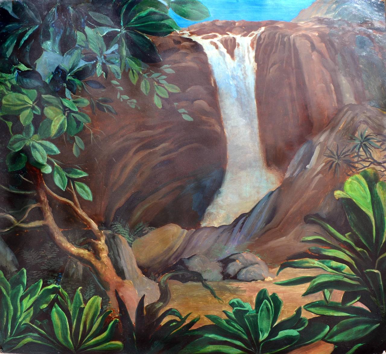 Tropischer geheimer Garten im großformatigen Stil, botanisches Diptychon mit Wasserfall aus der Mitte des Jahrhunderts (Post-Impressionismus), Painting, von Unknown
