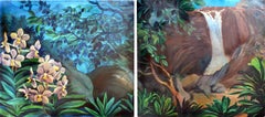 Large-Scale Tropical Secret Garden, Mid-Century Botanical Diptych with Waterfall