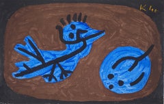 Lithographie et pochoir bleu, oiseau, écureuil