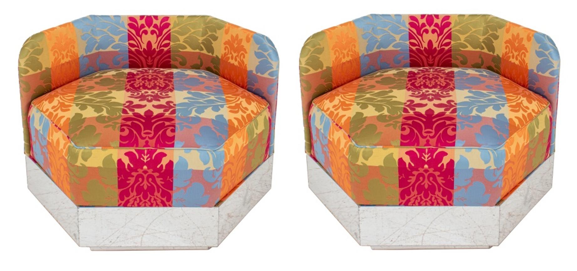 Pair of Modernist hexagonal upholstered swivel chairs, in the style of the Peter Murdoch (British, b. 1940) 