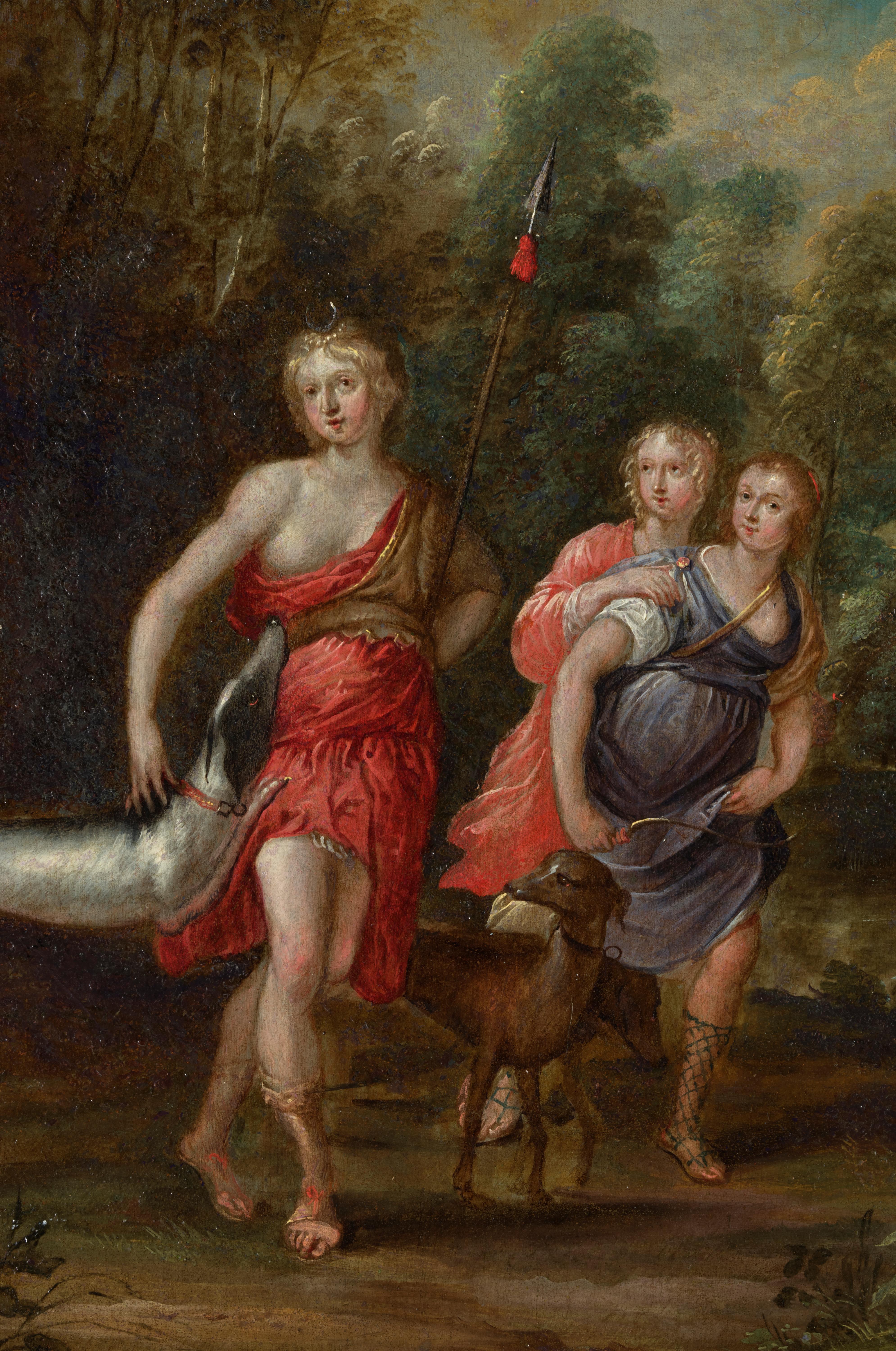 Pair of Oil Paintings of Diana's Departure for the Hunt and the Bath of Diana 1