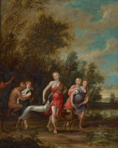 Antique Pair of Oil Paintings of Diana's Departure for the Hunt and the Bath of Diana