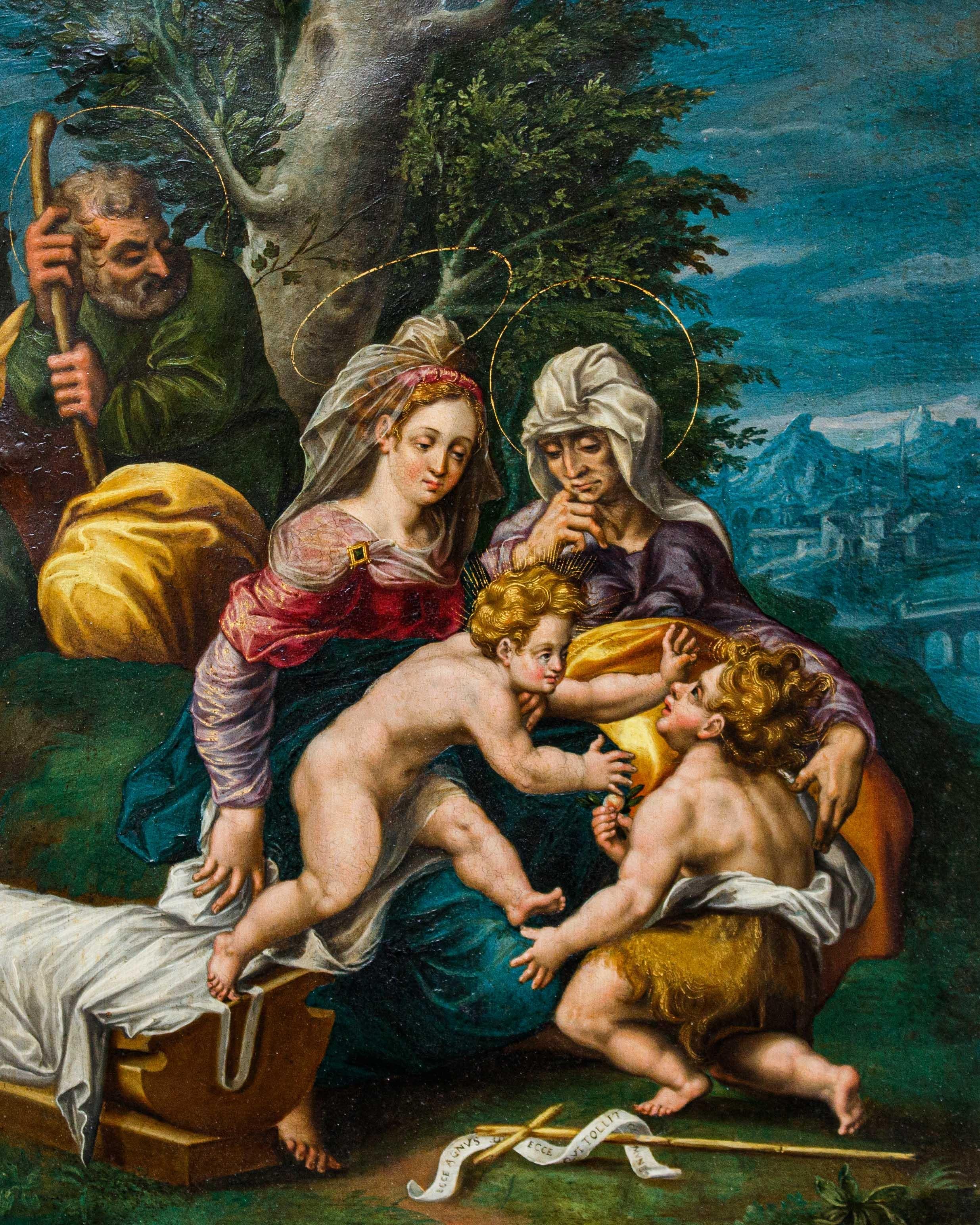 Metà XVII secolo, Scuola rubensiana, Sacra Famiglia con San Giovannino im Angebot 7