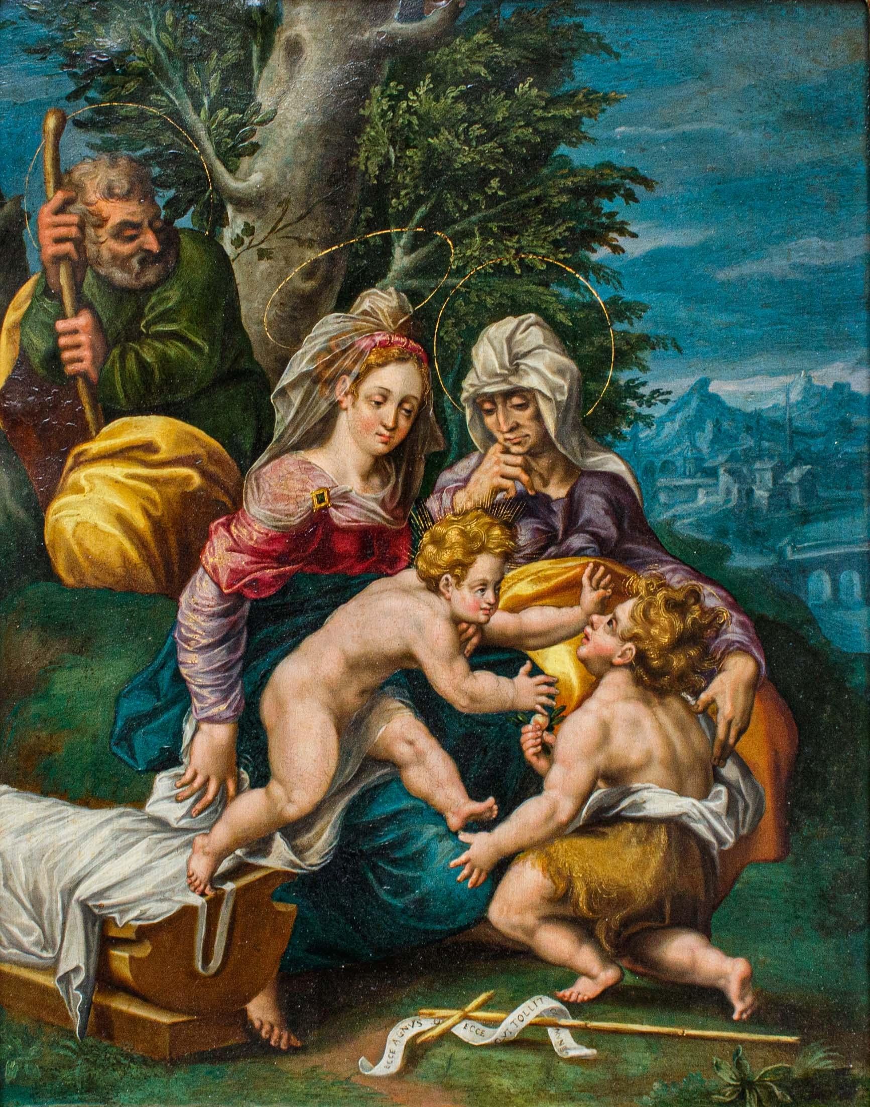 Metà XVII secolo, Scuola rubensiana, Sacra Famiglia con San Giovannino – Painting von (After) Peter Paul Rubens