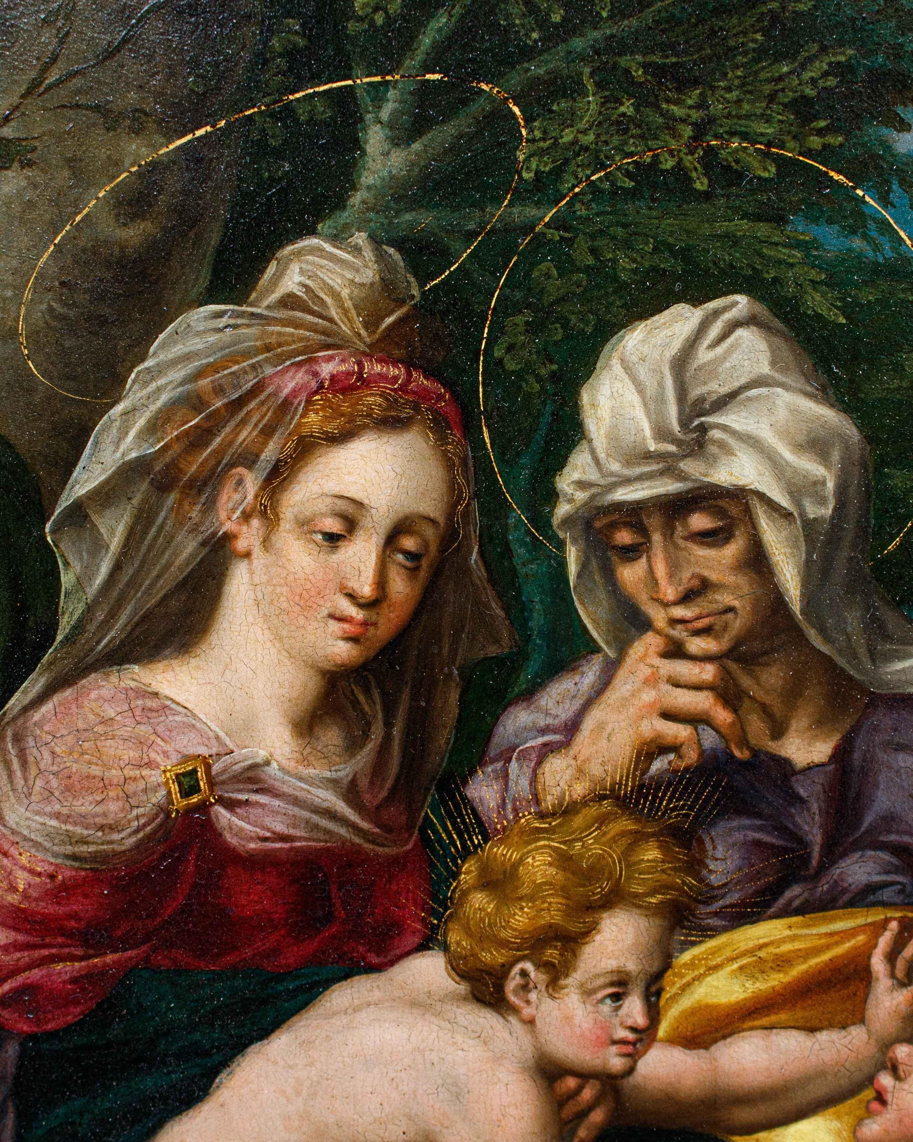 Metà XVII secolo, Scuola rubensiana, Sacra Famiglia con San Giovannino (Black), Figurative Painting, von (After) Peter Paul Rubens
