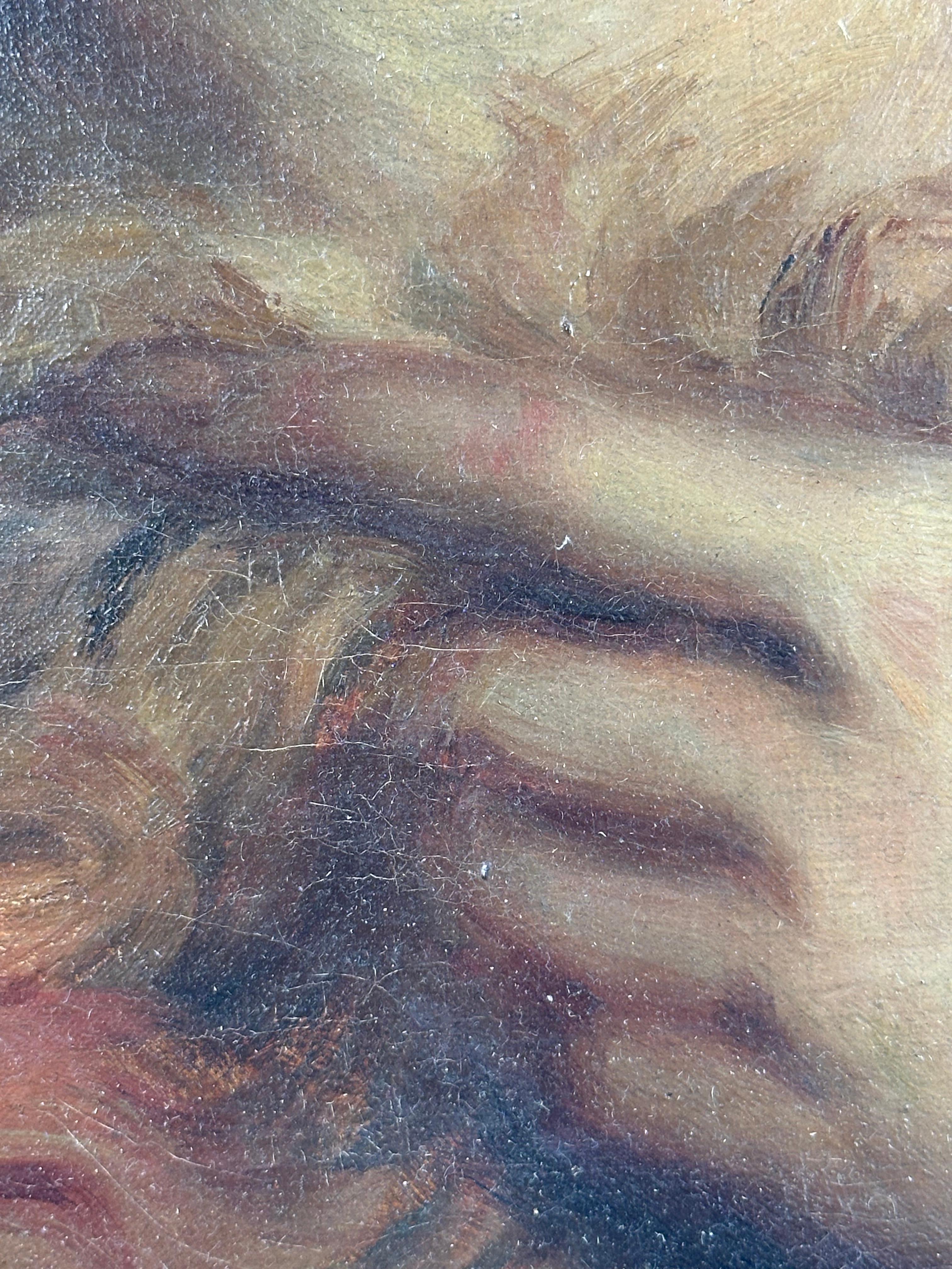 Schönes Porträt einer jungen Frau in der Art von Peter Paul Rubens.

Öl auf ovaler Leinwand, 12 7/8 x 16 Zoll. Nicht signiert.

Die Leinwand wurde ursprünglich für ein rechteckiges Format gemalt und vor vielen hundert Jahren auf ein ovales Format