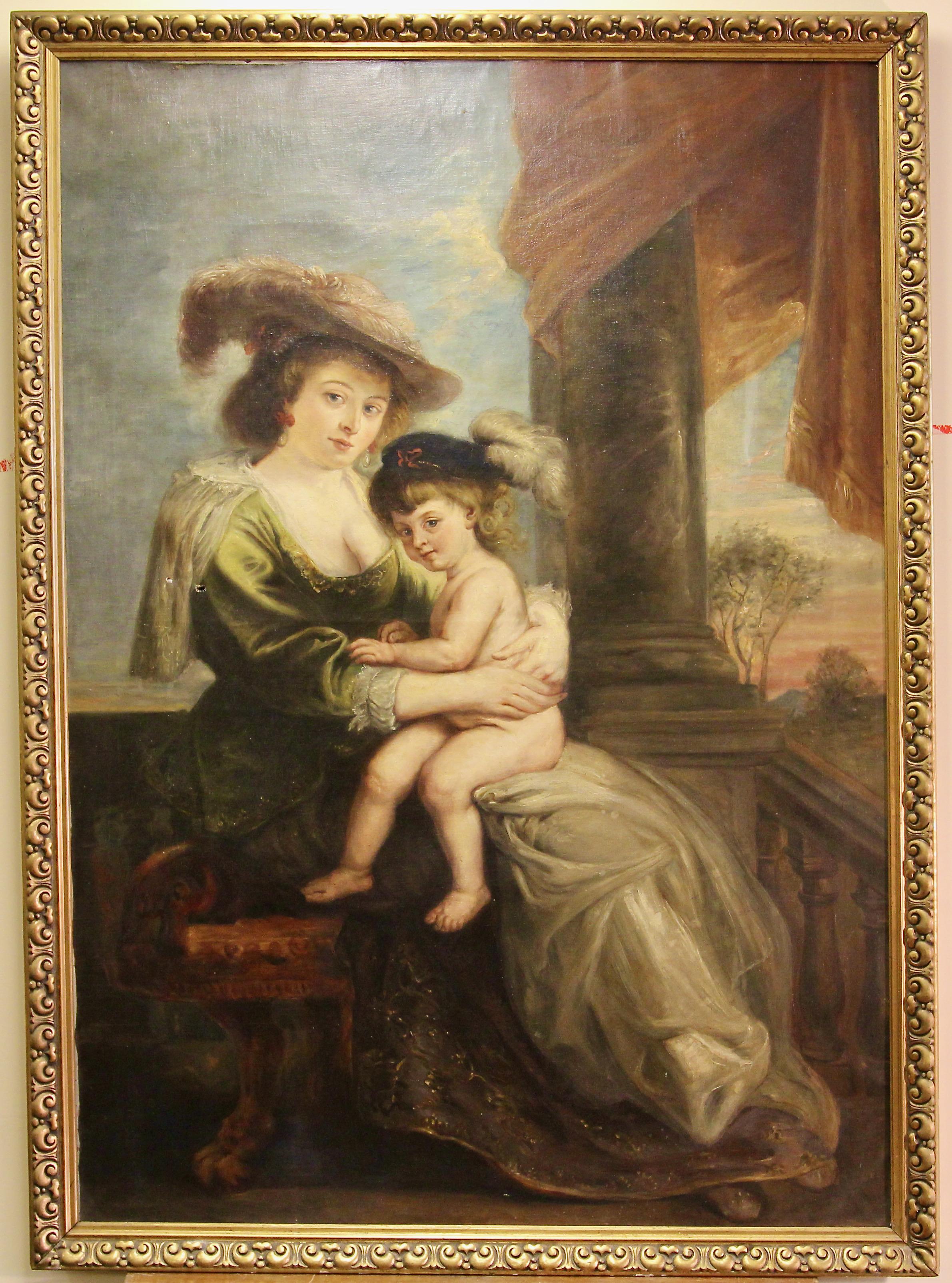 Peter Paul Rubens (After) - Helena Fourment con il figlio Francis. - Portrait Painting Marrone di (After) Peter Paul Rubens