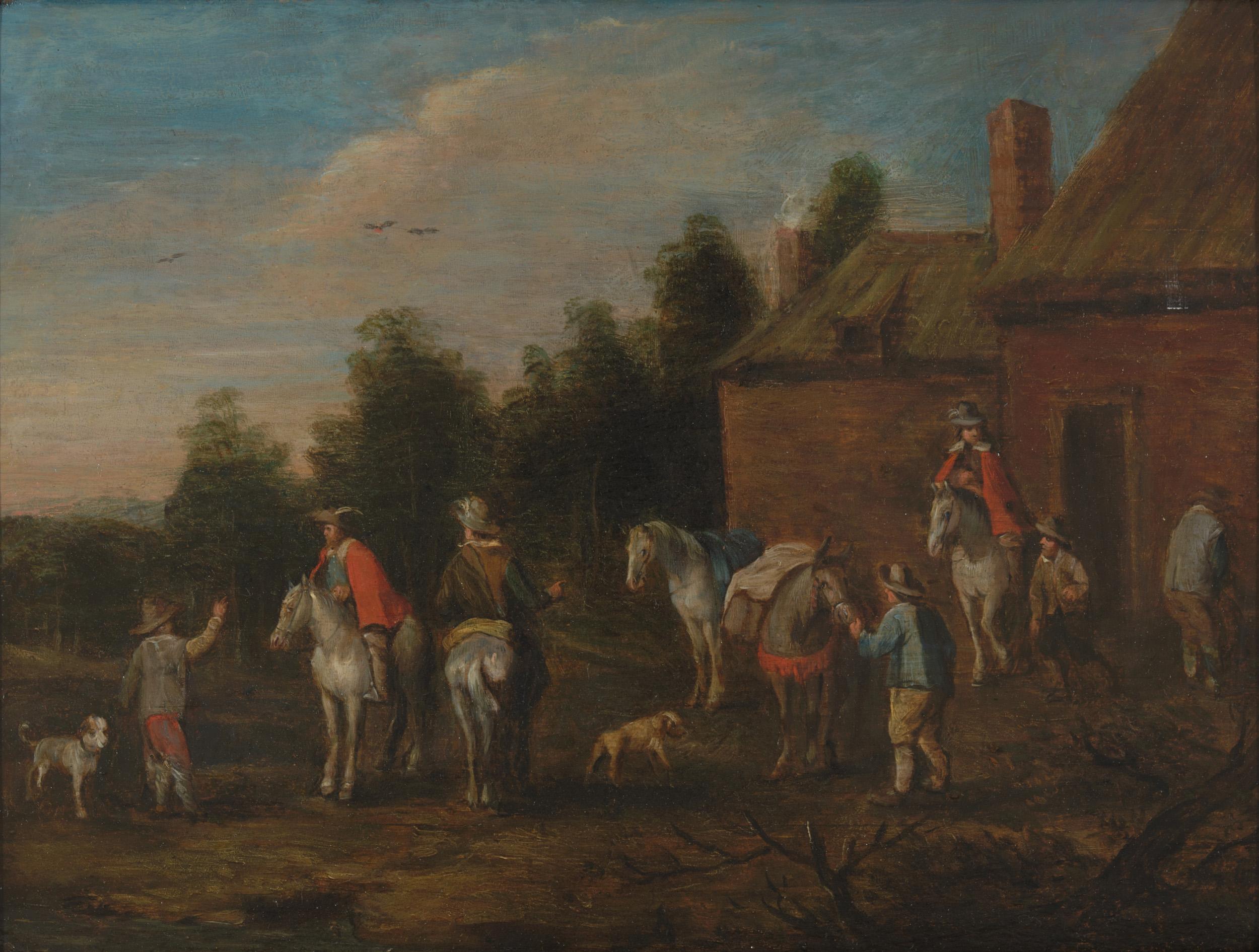 Belgian After Philips Wouwerman, Stop of the Travelers, Oil on Panel For Sale
