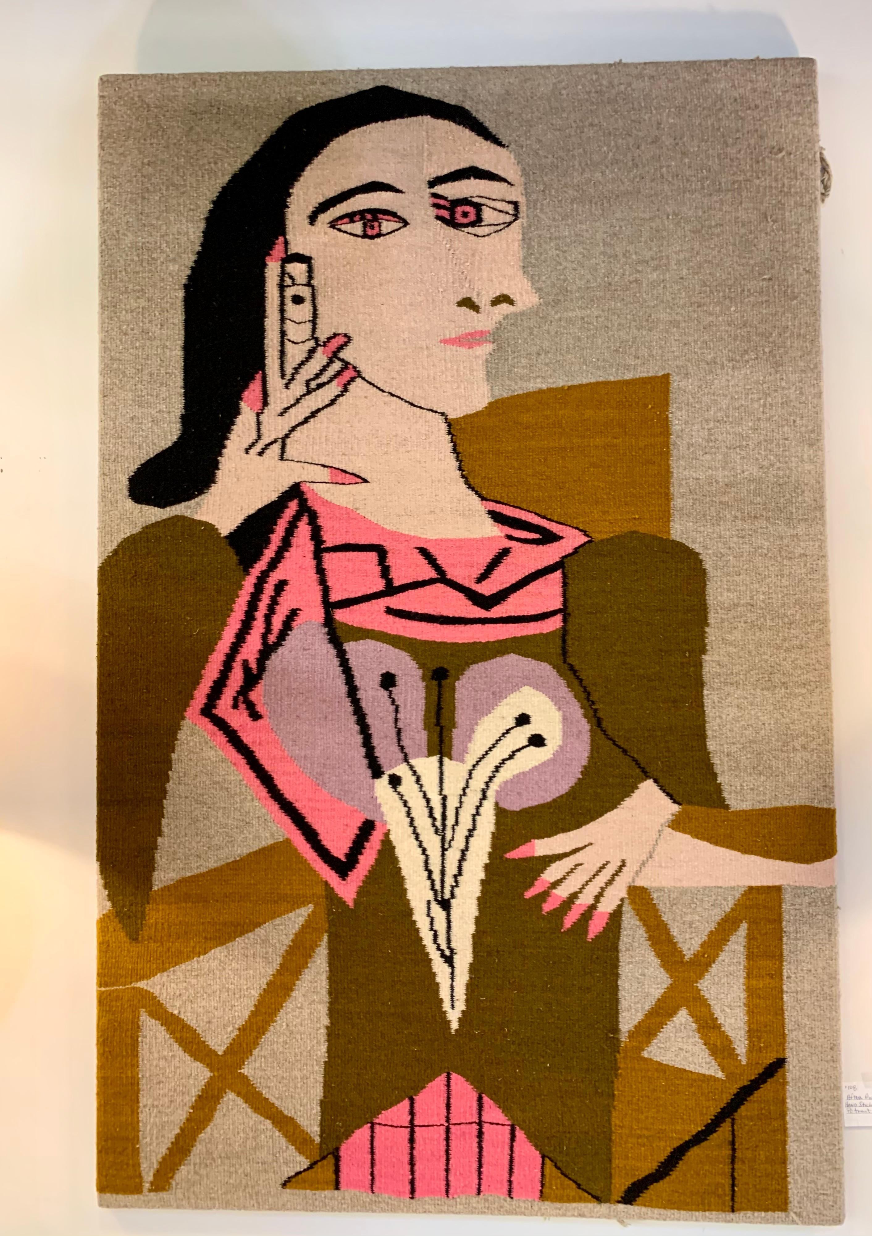 Mid-Century Modern After Picasso Hand Stitched Wool Tapestry Portrait of a Woman