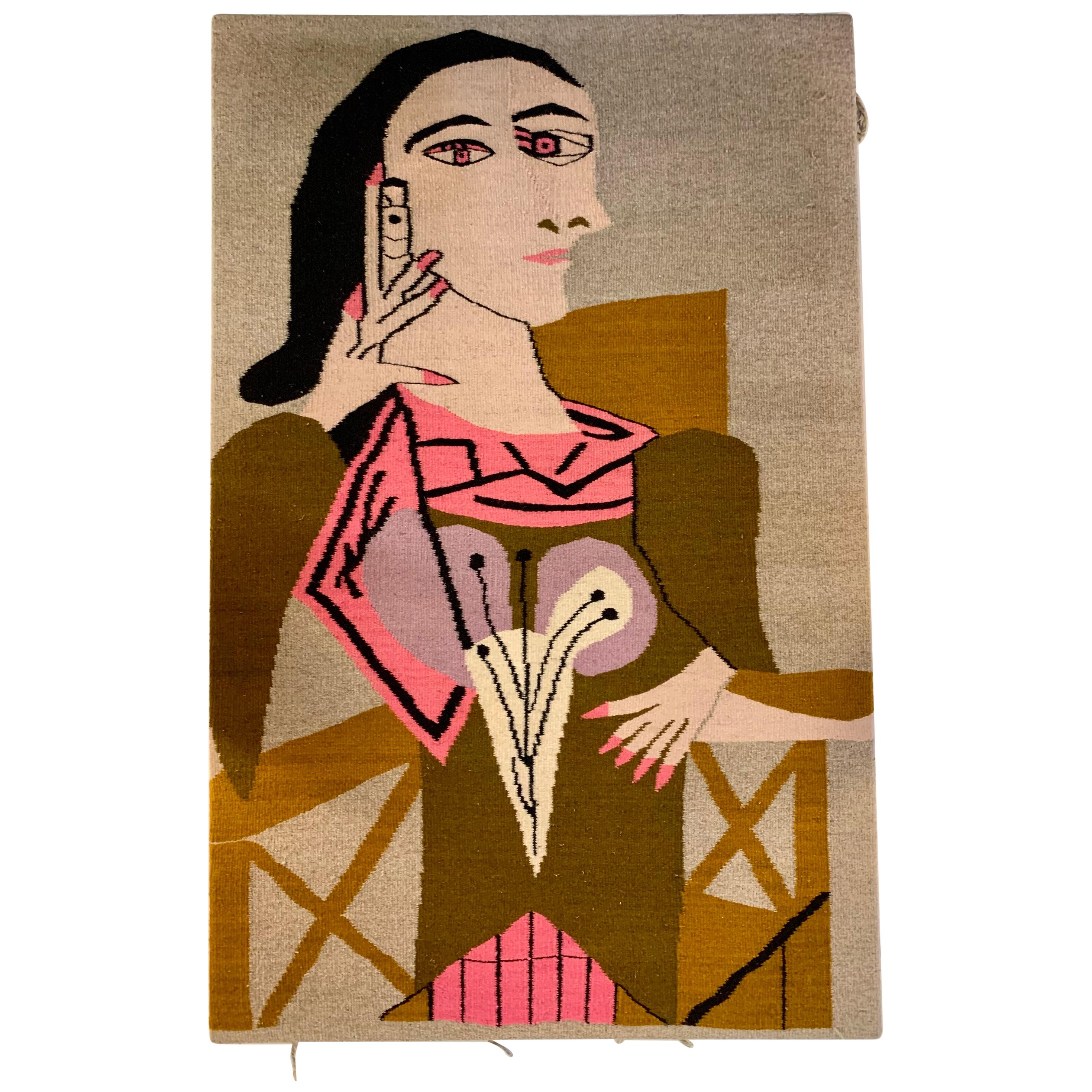 After Picasso Hand Stitched Wool Tapestry Portrait of a Woman
