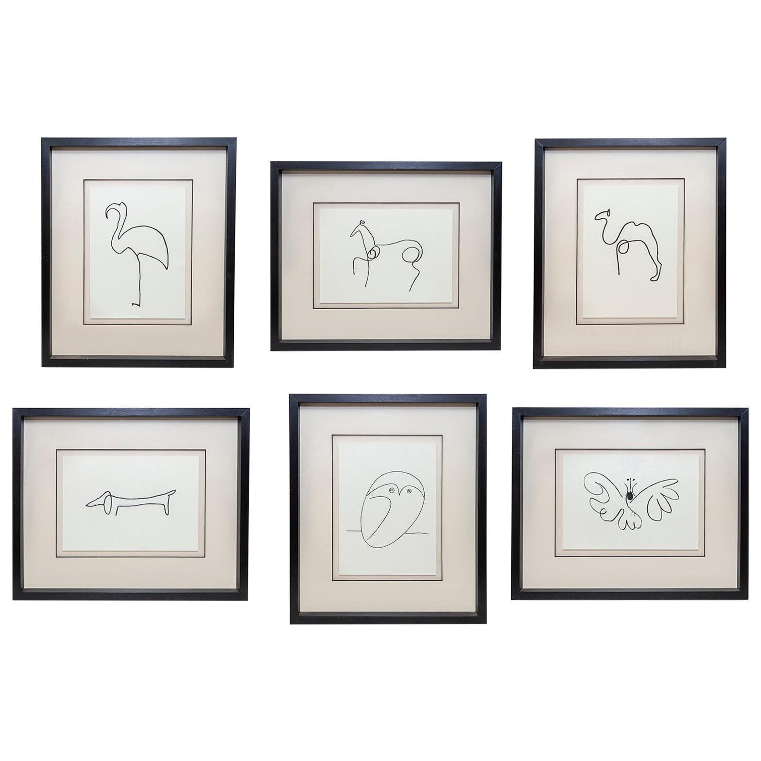 Ensemble de 6 dessins de hibou en ligne d'après Picasso, imprimé papillon, cheval, camel et flamingo en vente