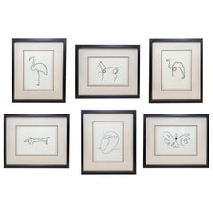 Vintage After Picasso Line Drawing Owl Set of 6 Butterfly Dog Horse Camel Flamingo Print