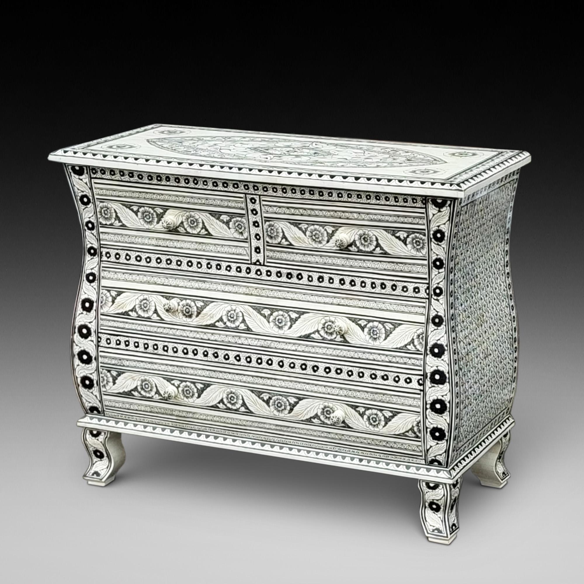 White Bone Veneered Chest of Drawers designed or after Piero Fornasetti of bombe commode form 36