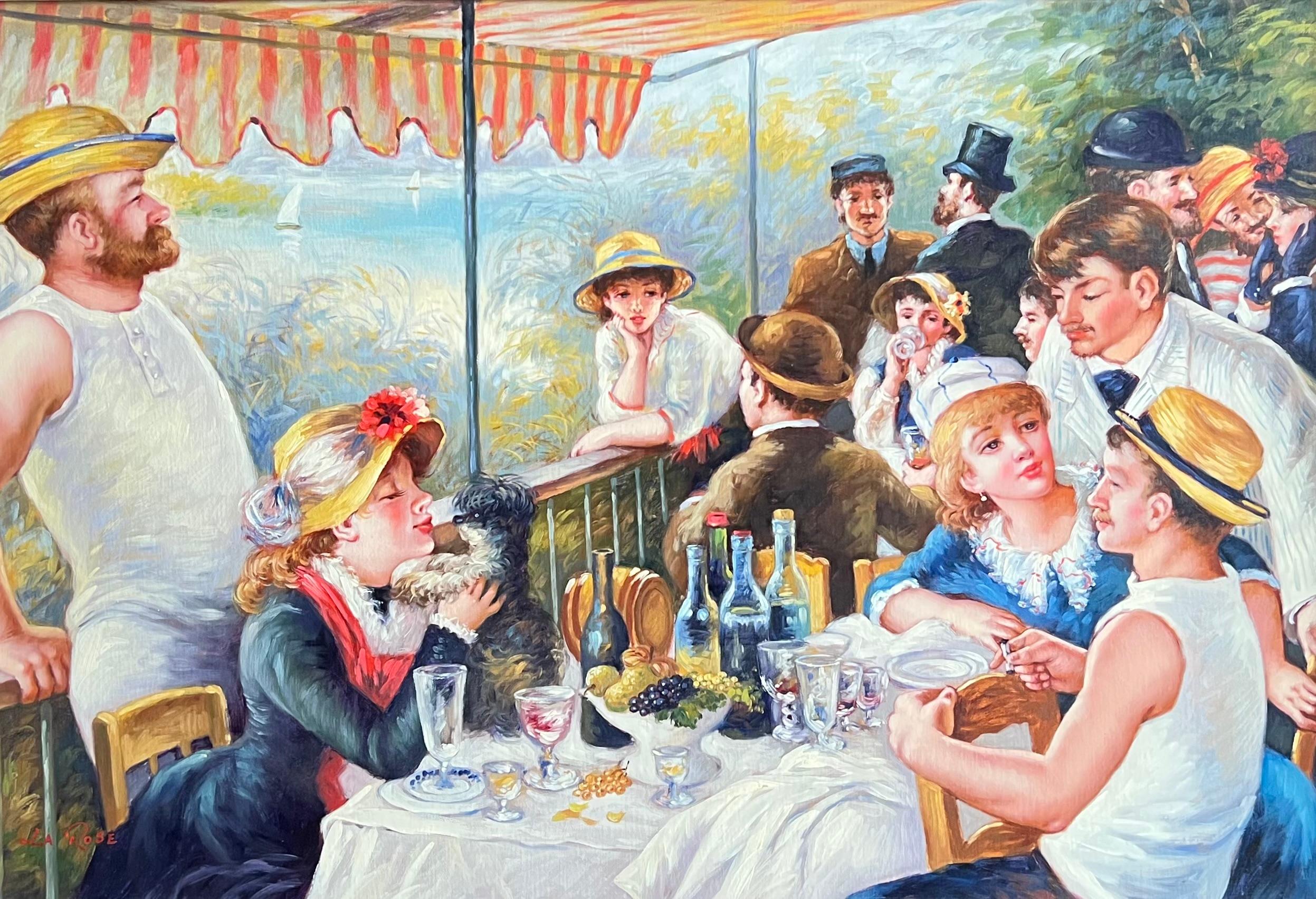 Cuadro al óleo muy grande firmado por un impresionista francés Almuerzo de fiesta en barco - Painting de after Pierre Auguste Renoir