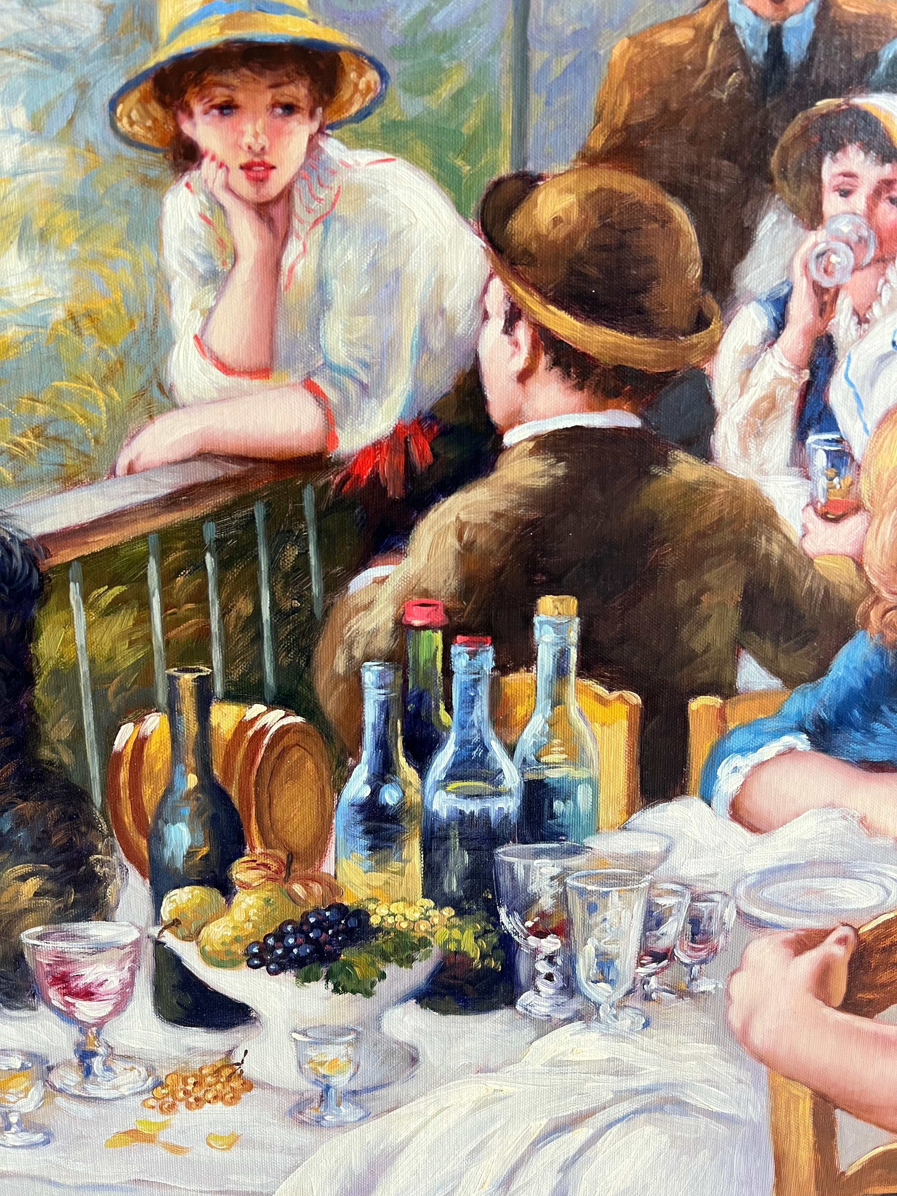 Cuadro al óleo muy grande firmado por un impresionista francés Almuerzo de fiesta en barco - Painting Impresionista de after Pierre Auguste Renoir
