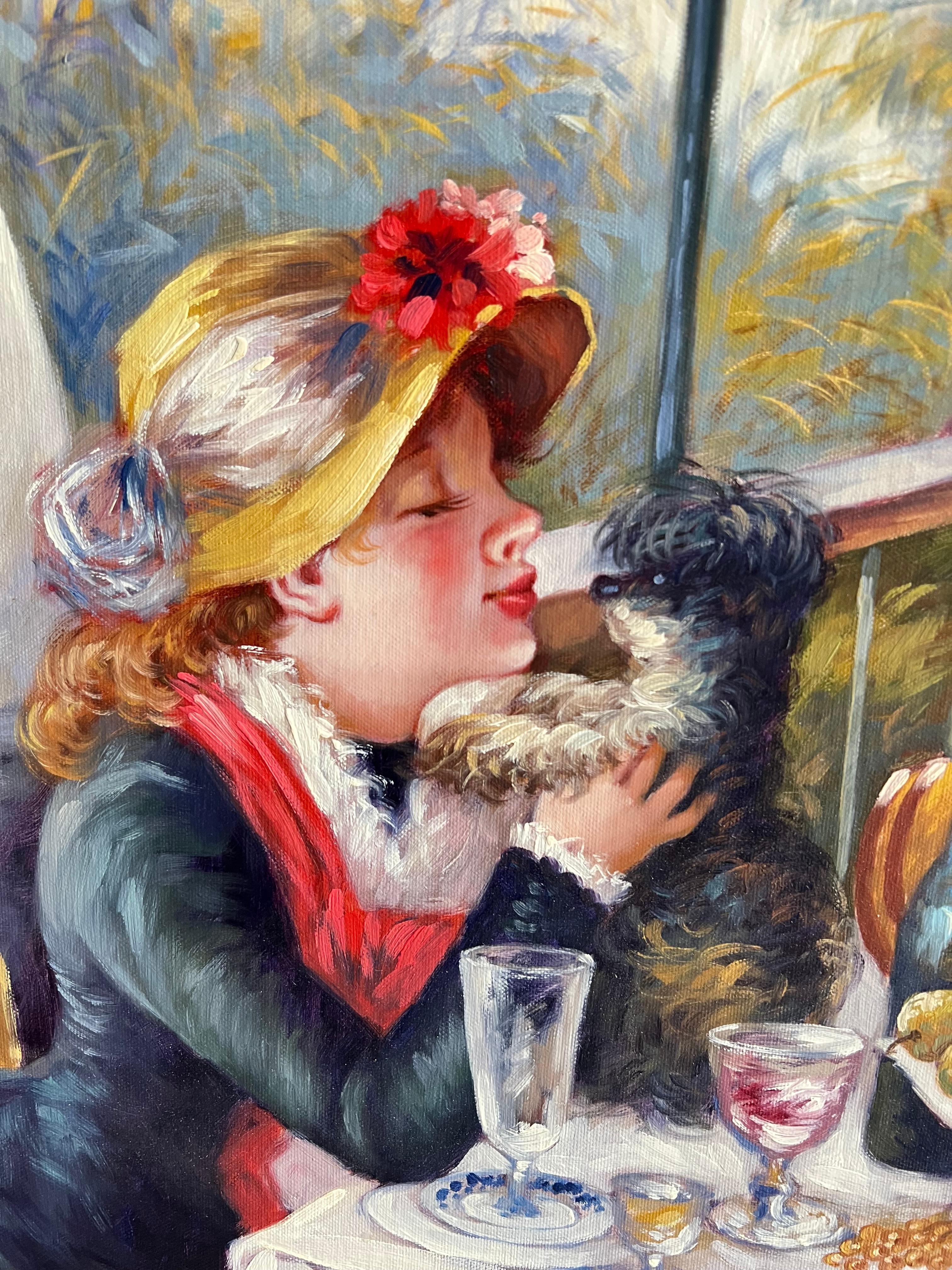 Cuadro al óleo muy grande firmado por un impresionista francés Almuerzo de fiesta en barco - Figurative Painting Beige de after Pierre Auguste Renoir