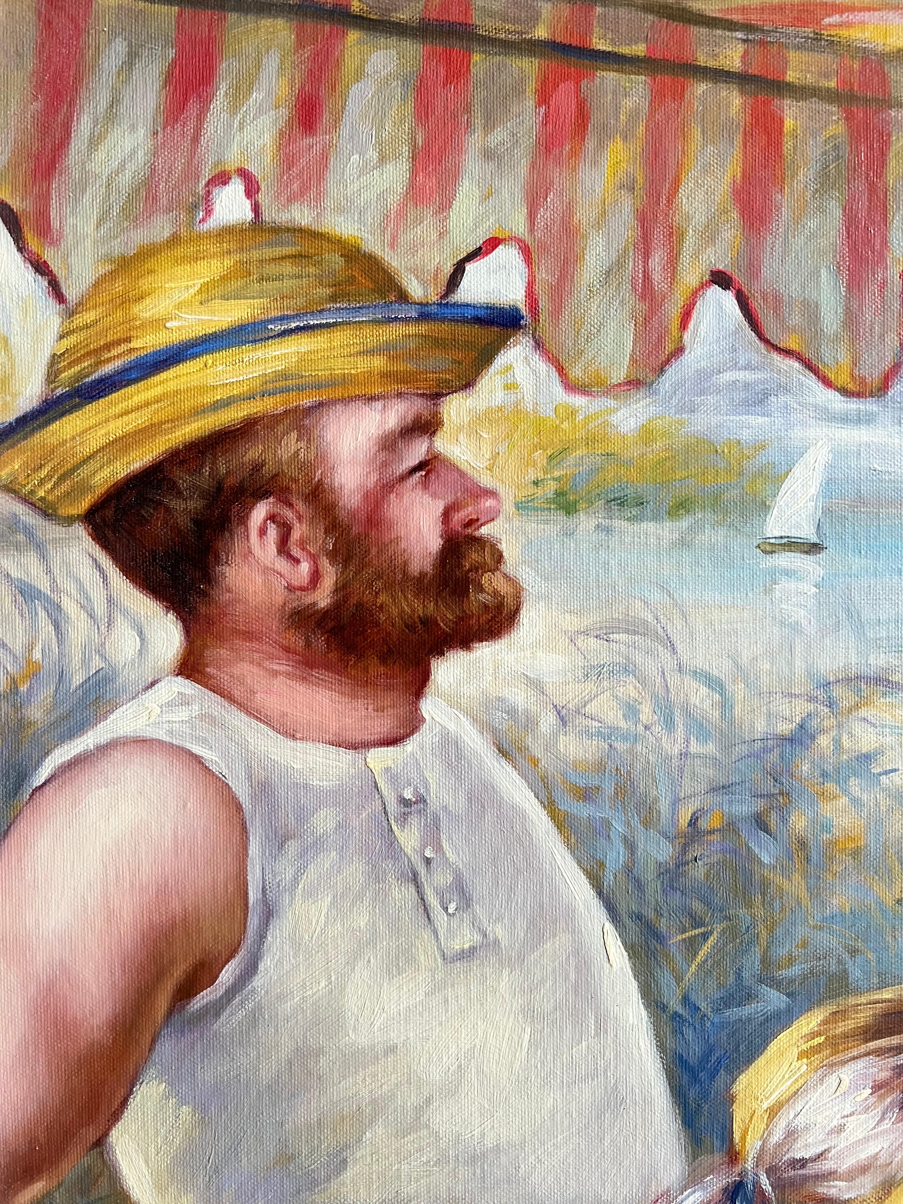 Cuadro al óleo muy grande firmado por un impresionista francés Almuerzo de fiesta en barco en venta 3