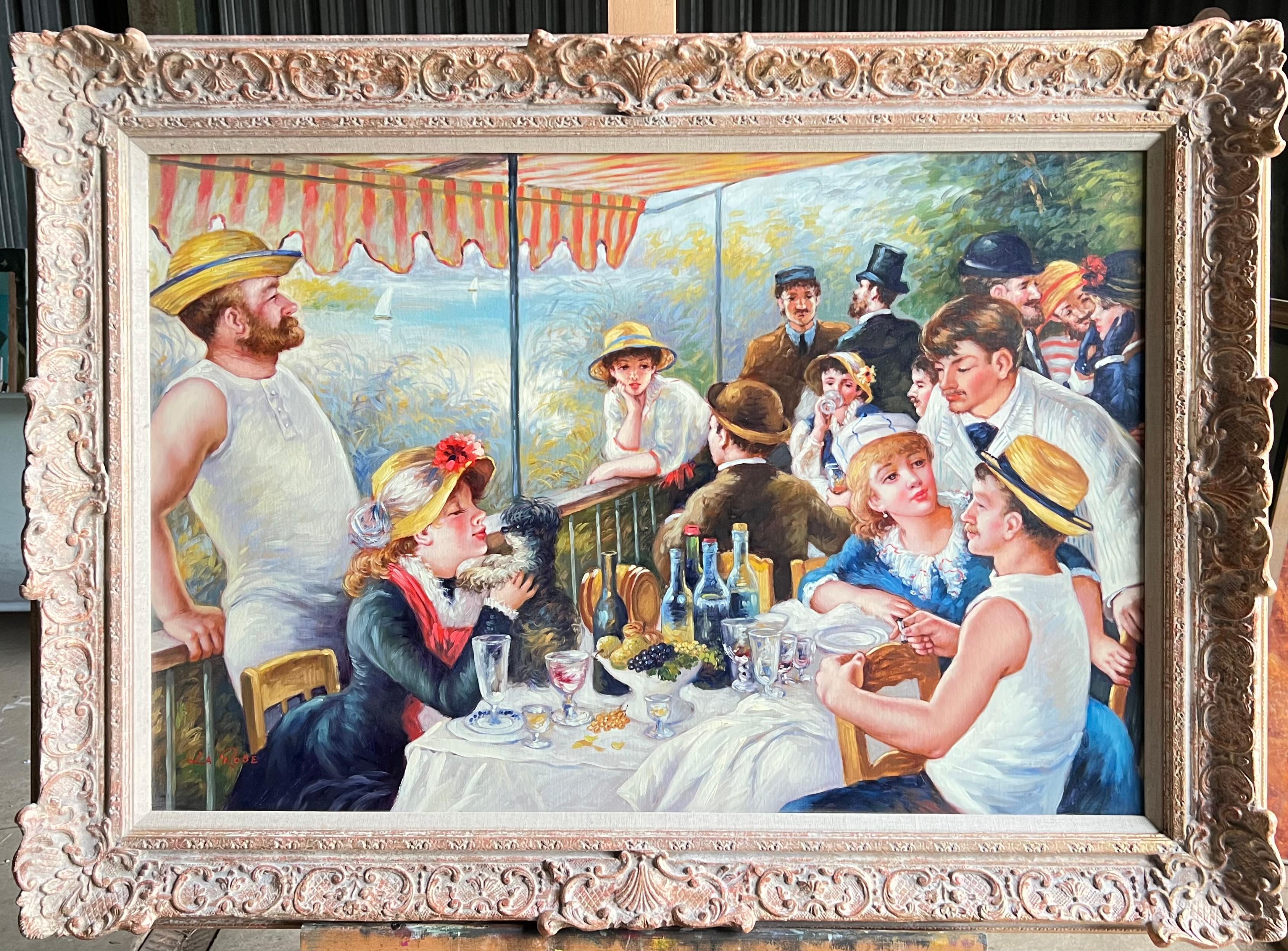 Figurative Painting de after Pierre Auguste Renoir - Cuadro al óleo muy grande firmado por un impresionista francés Almuerzo de fiesta en barco