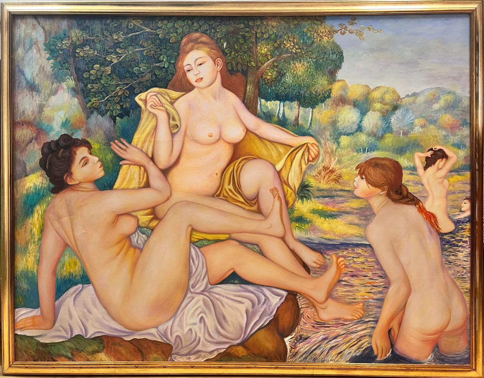 Pittura ad olio molto grande Nudi che fanno il bagno dopo Pierre-Auguste Renoir Dimensioni enormi - Painting di after Pierre-Auguste Renoir