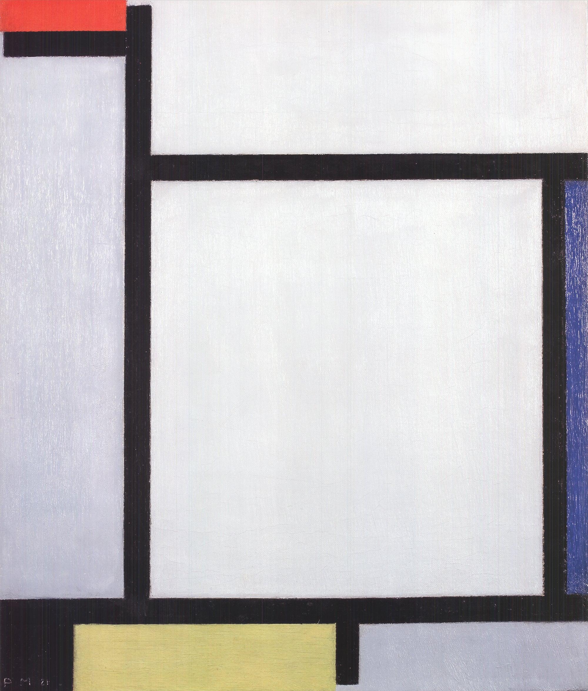Composition with Red, Blue, Black, Yellow, and Gray by Piet Mondrian was originally painted in 1921. This period falls within Mondrian's mature phase, where he refined his abstract style and employed a more sophisticated use of color and geometric
