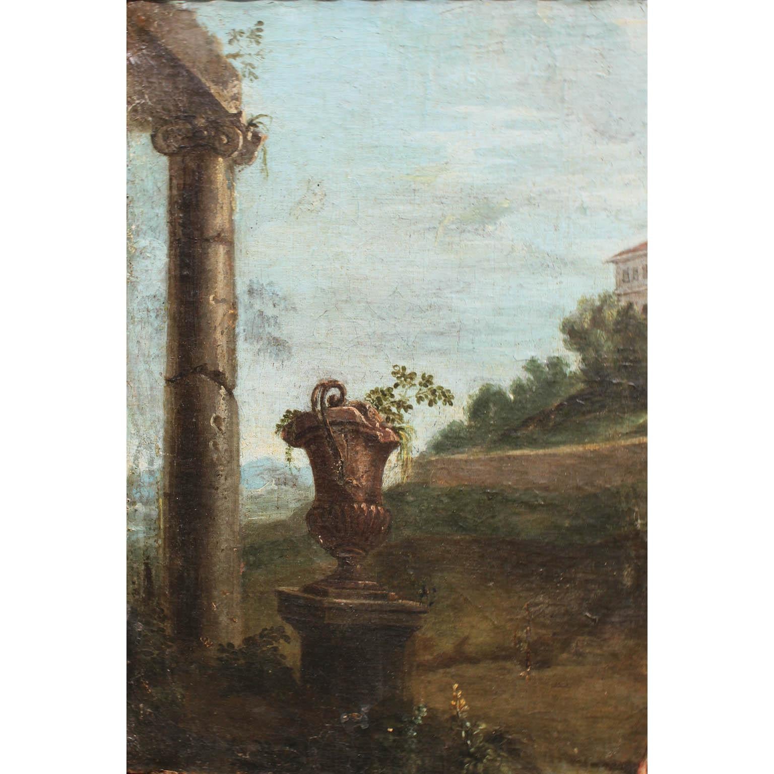 Belgian After Pieter van Bloemen Oil on Canvas Hunting & Ruins Scene For Sale