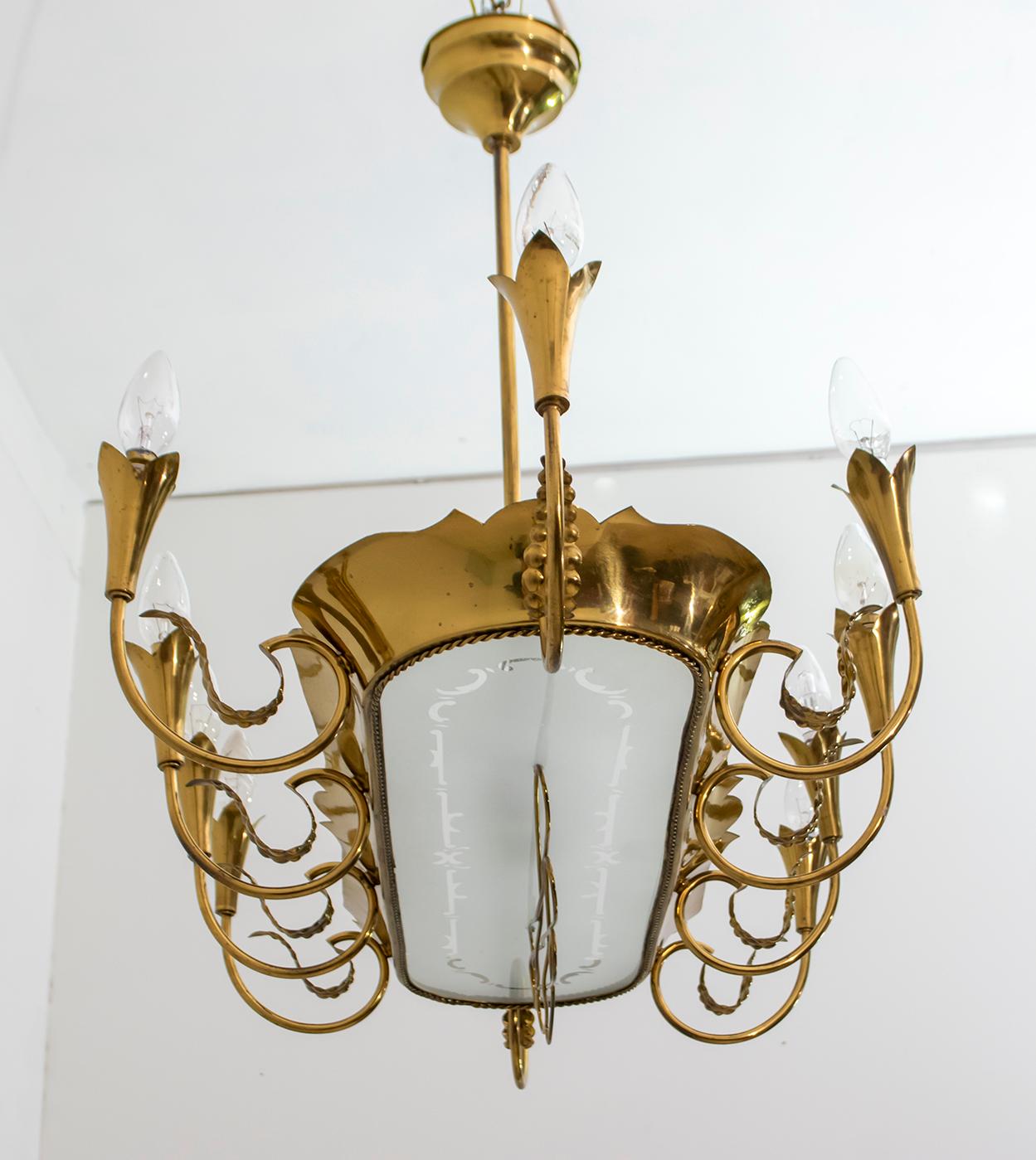 After Pietro Chiesa Midcentury Italian Brass 12 Lights Candelier Fontana Arte For Sale 4