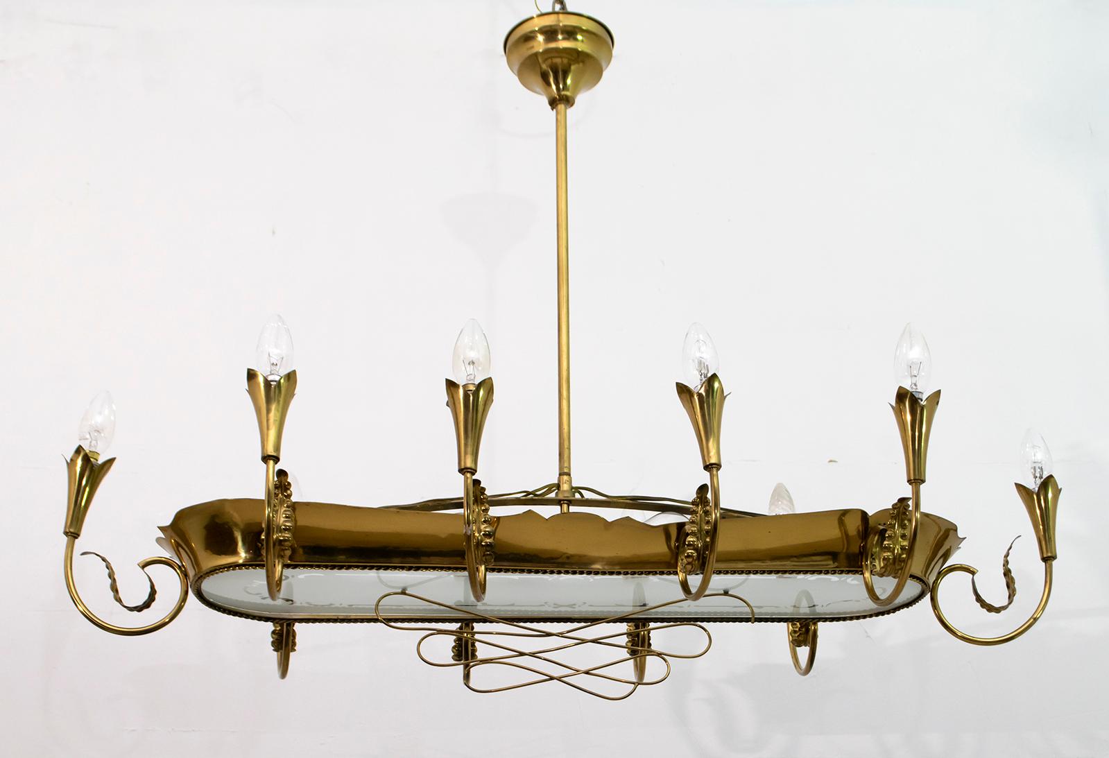Mid-Century Modern After Pietro Chiesa Midcentury Italian Brass 12 Lights Candelier Fontana Arte For Sale
