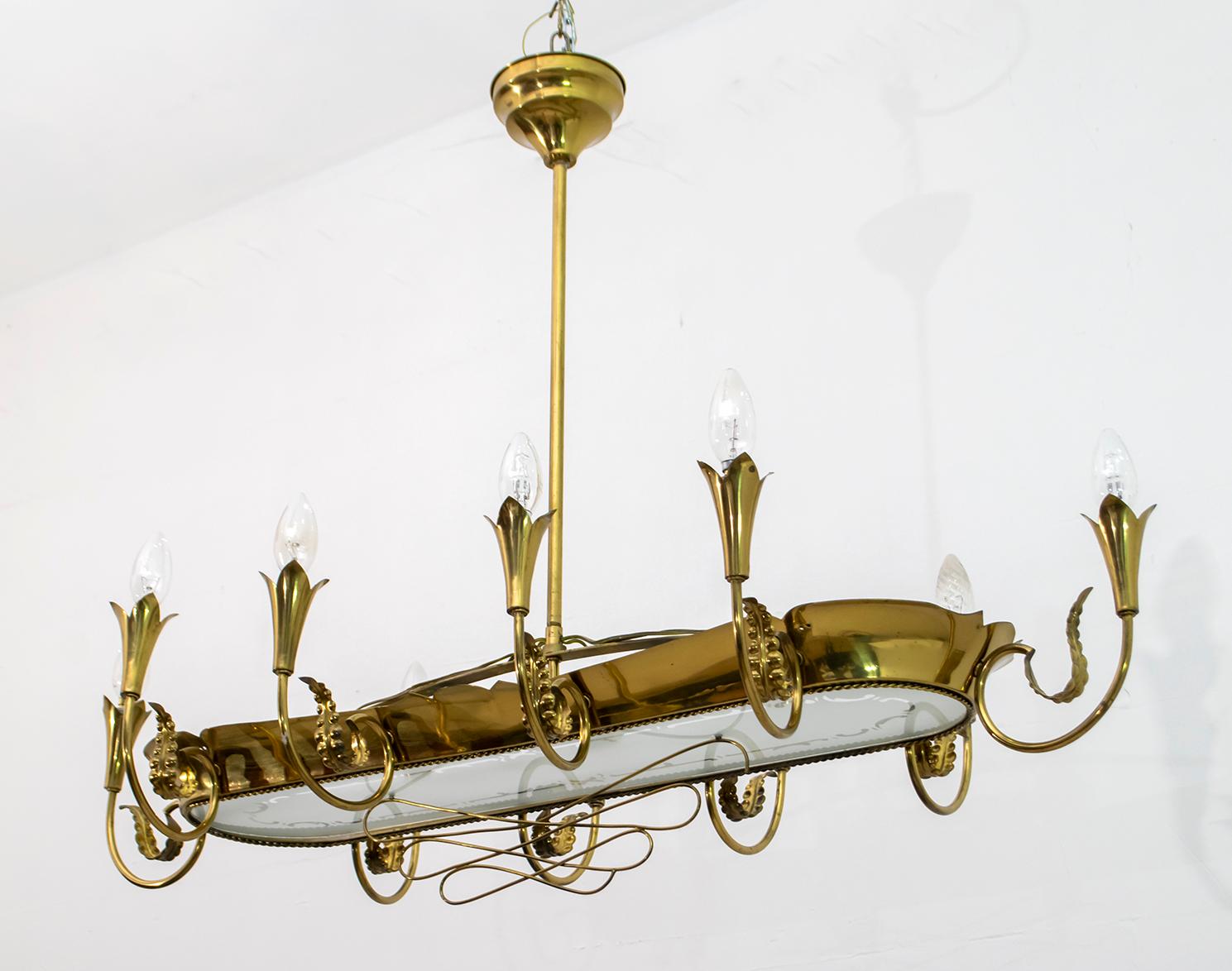 Frosted After Pietro Chiesa Midcentury Italian Brass 12 Lights Candelier Fontana Arte For Sale