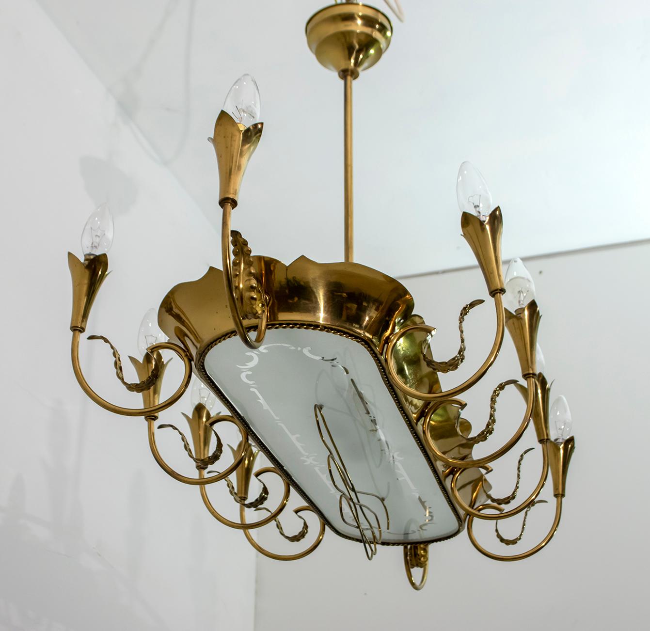 Mid-20th Century After Pietro Chiesa Midcentury Italian Brass 12 Lights Candelier Fontana Arte For Sale