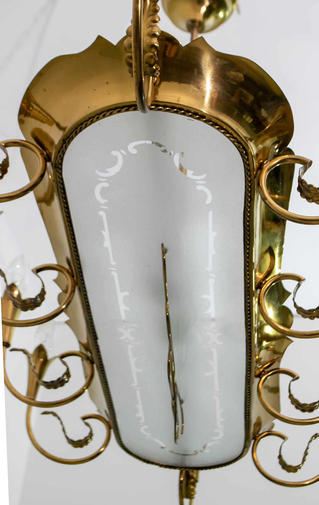 Glass After Pietro Chiesa Midcentury Italian Brass 12 Lights Candelier Fontana Arte For Sale