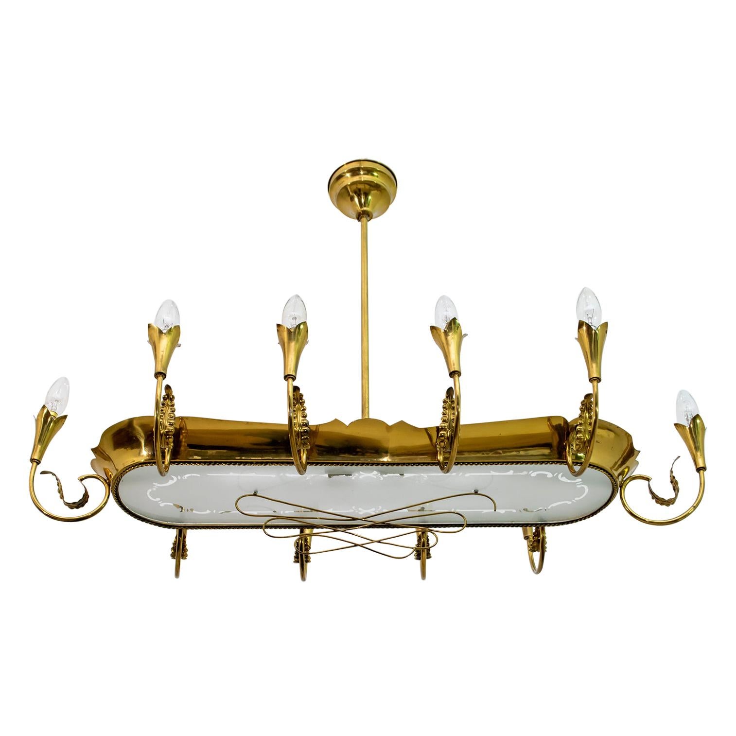 After Pietro Chiesa Midcentury Italian Brass 12 Lights Candelier Fontana Arte For Sale