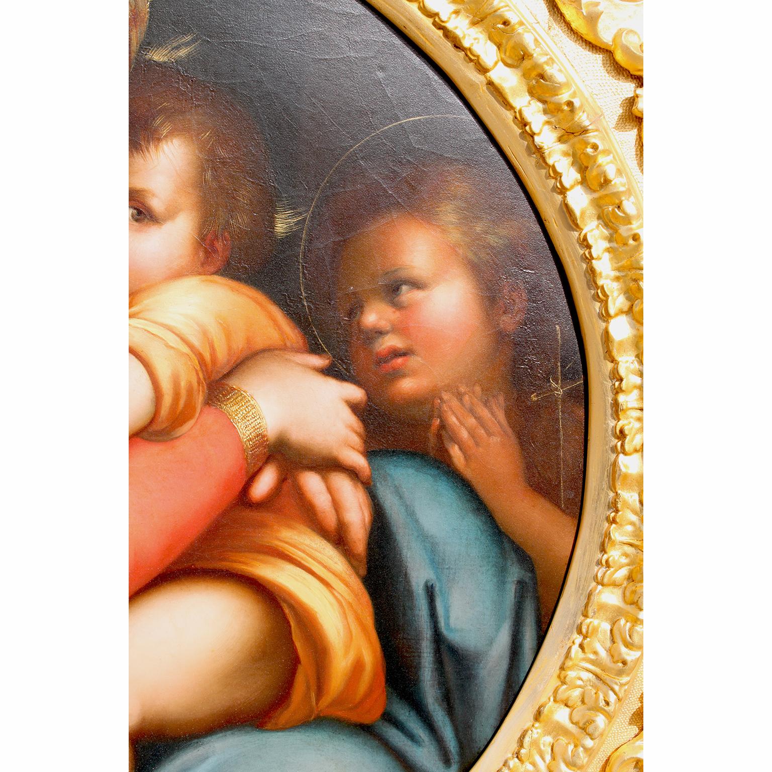After Raffaello Sanzio 1483-1520 Raphael La Madonna della Seggiola Oil on Canvas In Good Condition For Sale In Los Angeles, CA