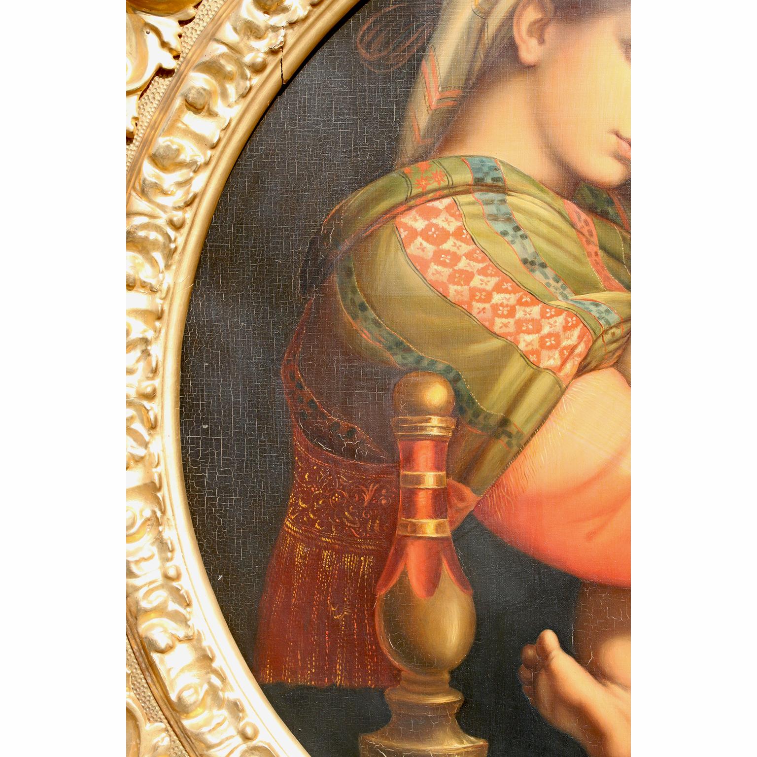 After Raffaello Sanzio 1483-1520 Raphael La Madonna della Seggiola Oil on Canvas In Fair Condition For Sale In Los Angeles, CA