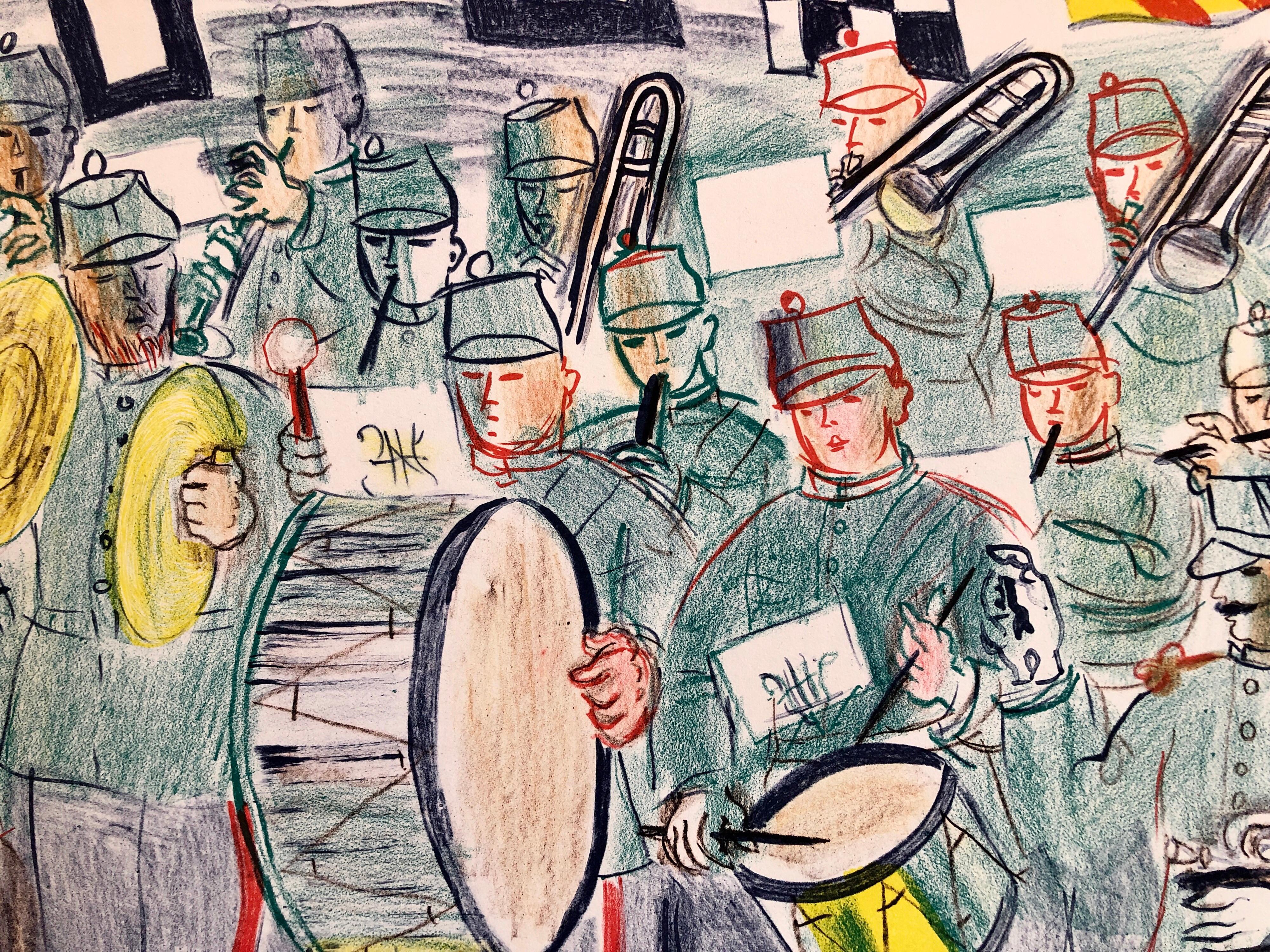 Raoul Dufy School Drucke Bunte modernistische Zeichnungslithographie Marching Band (Moderne), Print, von (after) Raoul Dufy