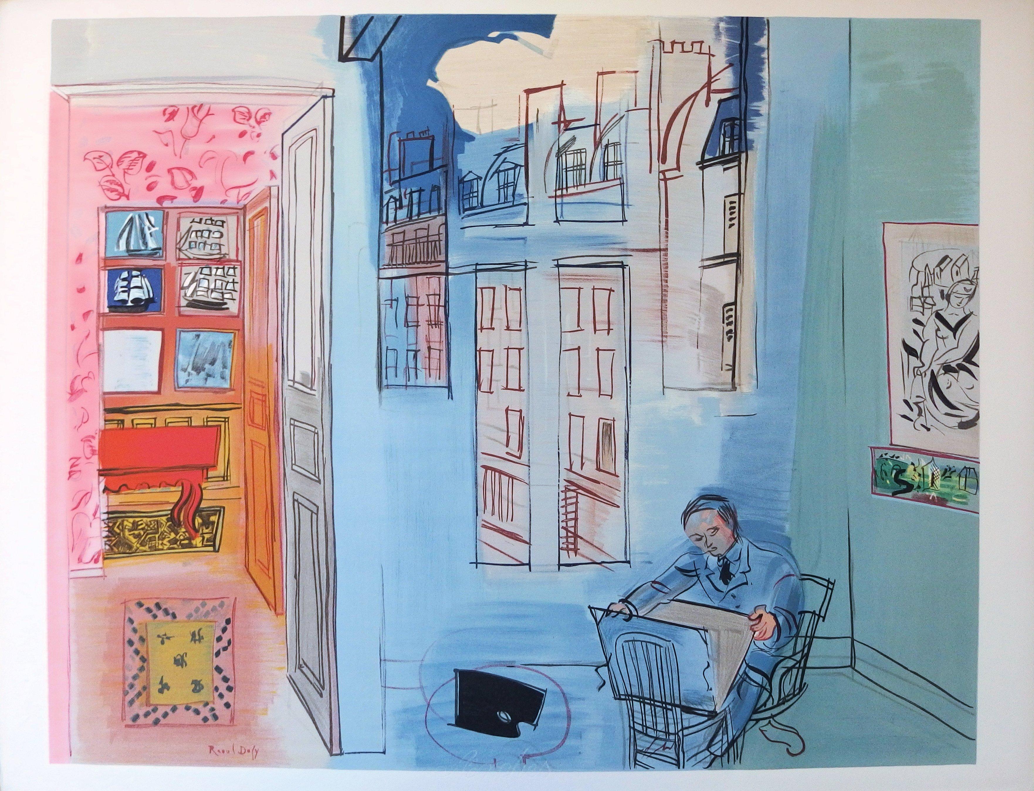 (after) Raoul Dufy Landscape Print - Selfportrait in the Workshop in Paris - Lithograph (Mourlot)