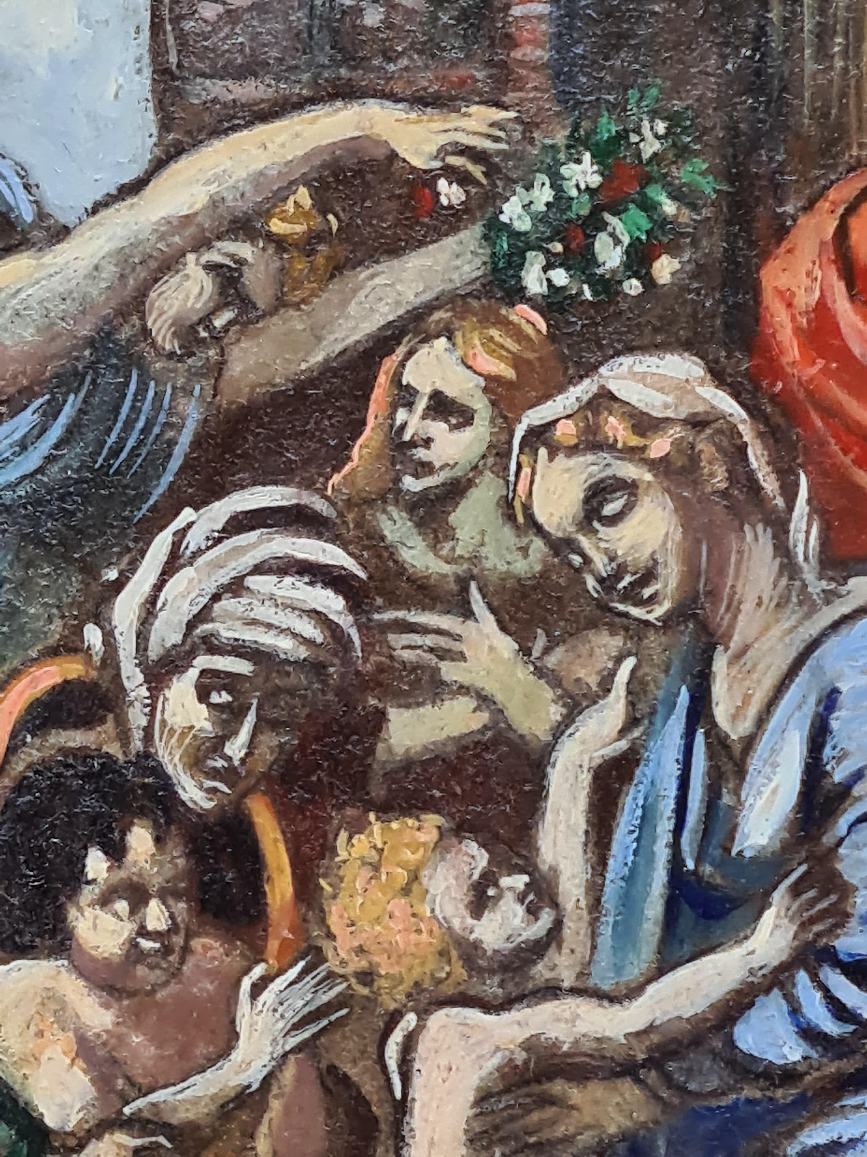 Ölgemälde im Renaissance-Stil auf Karton, Die Heilige Familie und Heilige Elizabeth, nach Raphael – Painting von (after) Raphael (Raffaello Sanzio da Urbino)